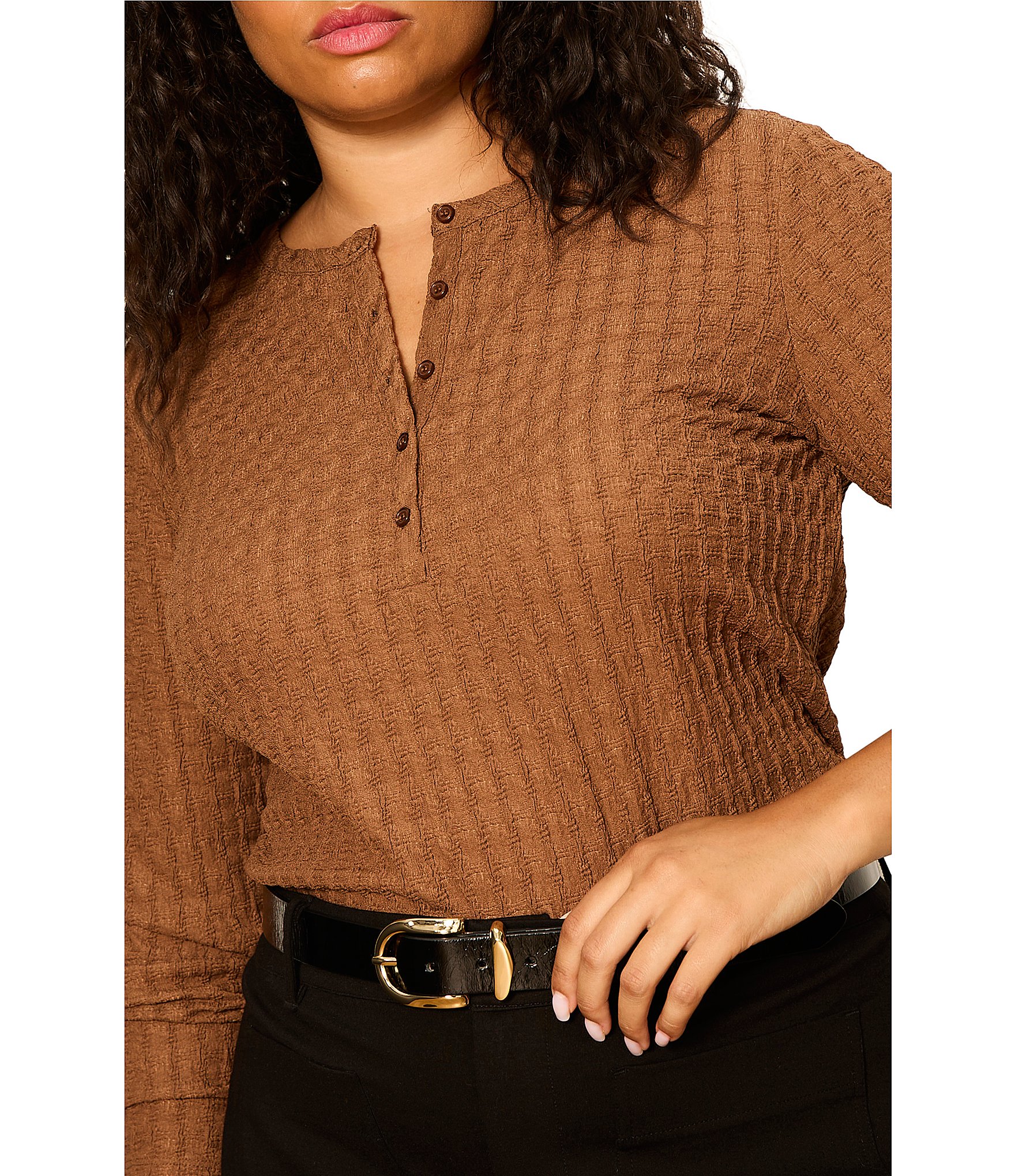 Sanctuary Plus Size Not So Basic Textured Henley Neck Long Sleeve Knit Top