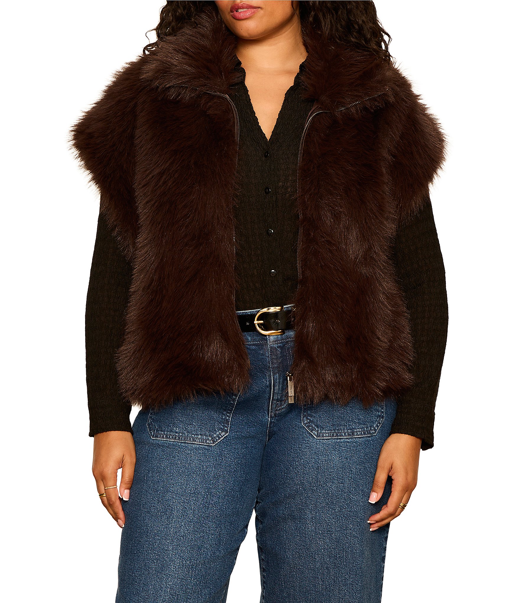 Sanctuary Plus Size Silky Faux Fur Collared Sleeveless Vest