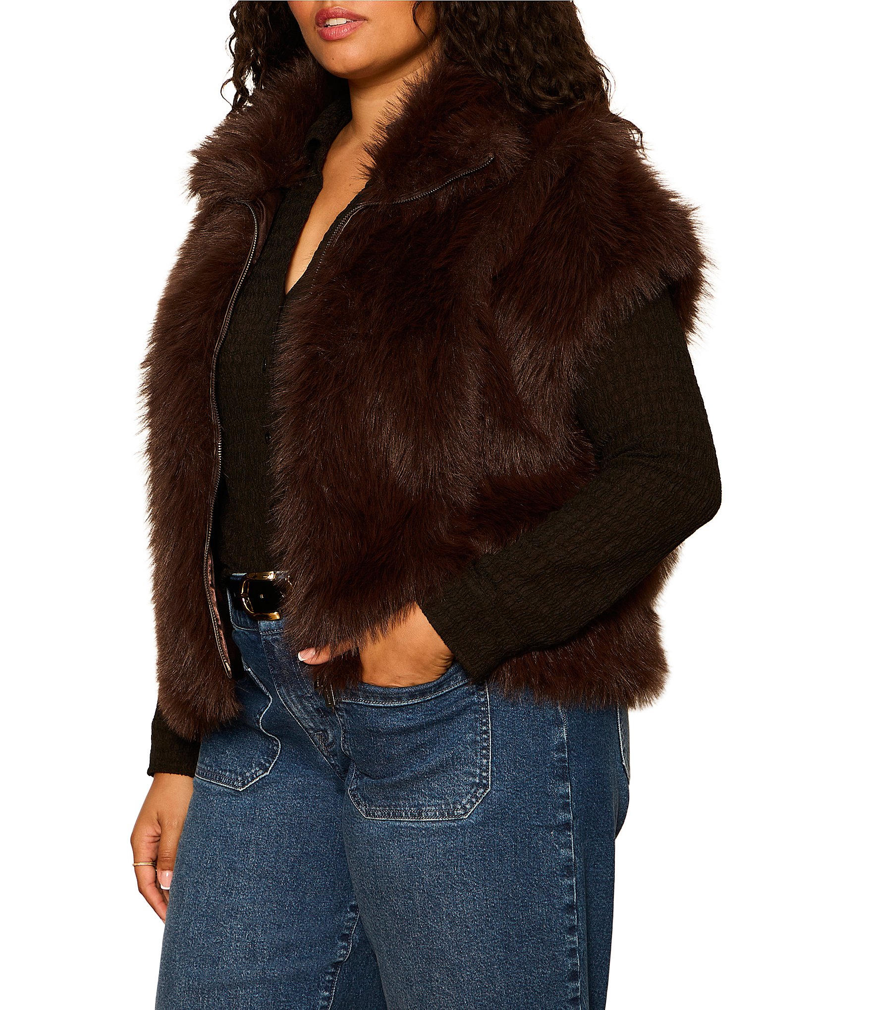 Sanctuary Plus Size Silky Faux Fur Collared Sleeveless Vest