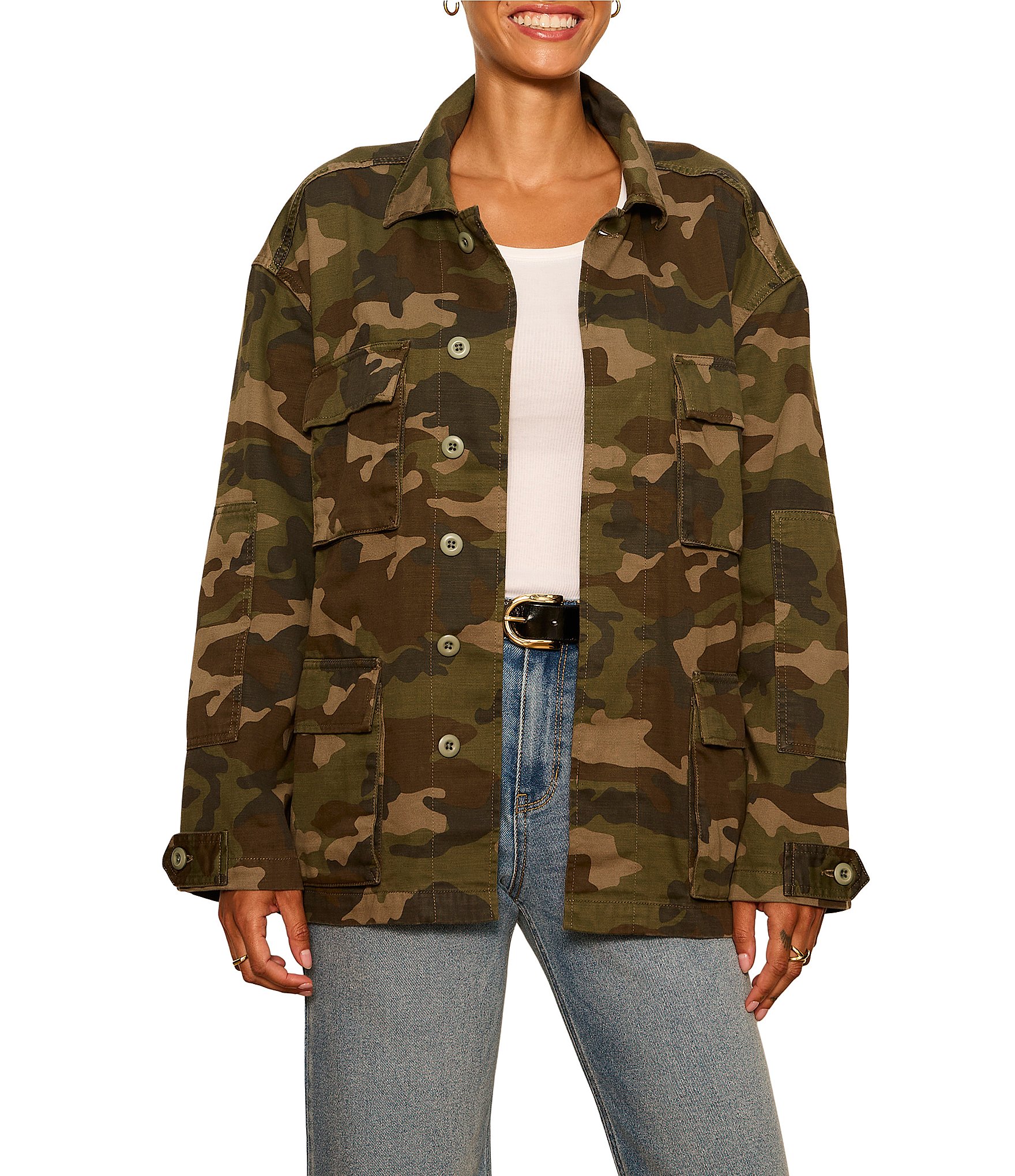 Sanctuary Reissue Camo Point Collared Long Sleeve Button Front Belted Field Jacket