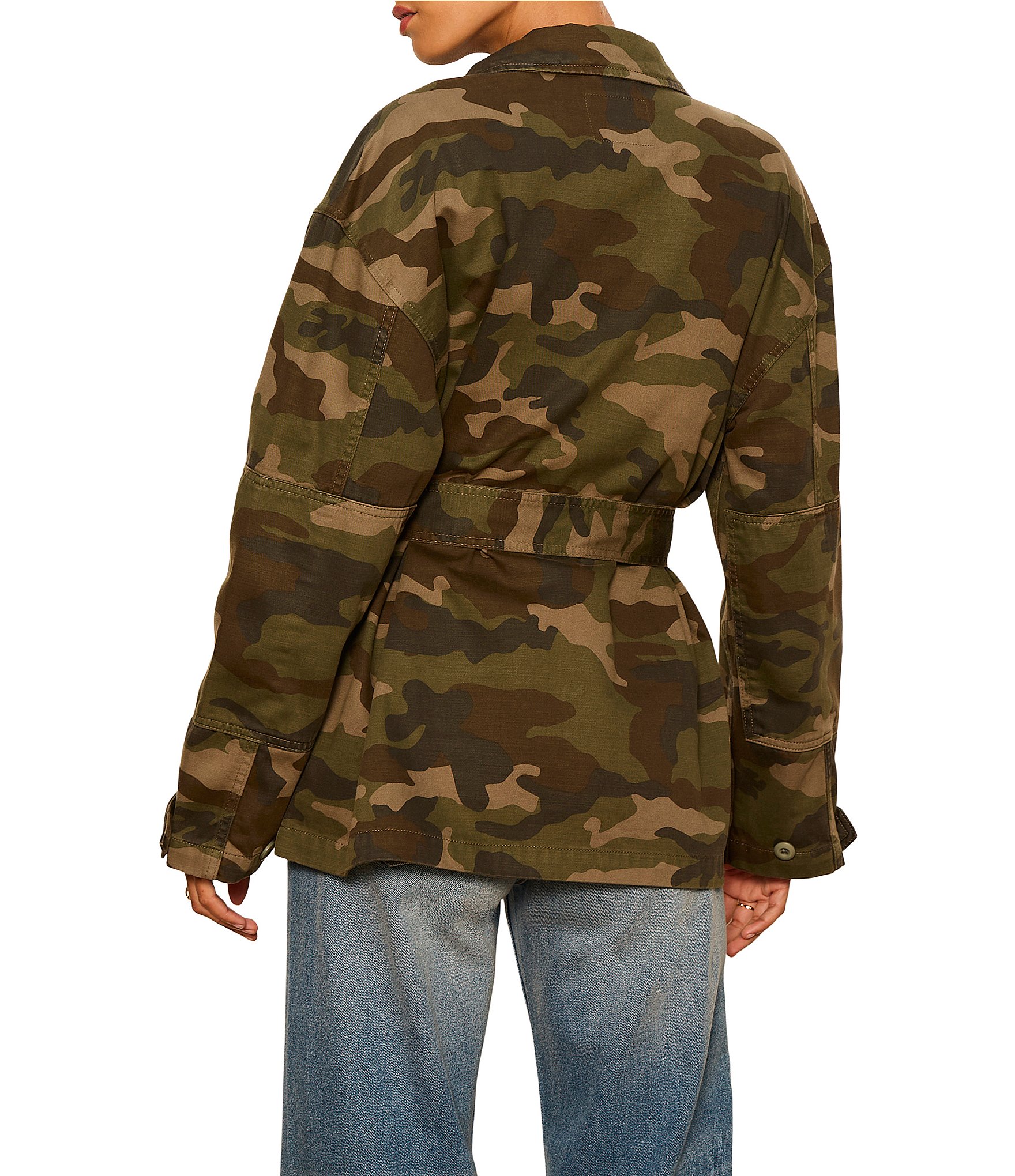 Sanctuary Reissue Camo Point Collared Long Sleeve Button Front Belted Field Jacket