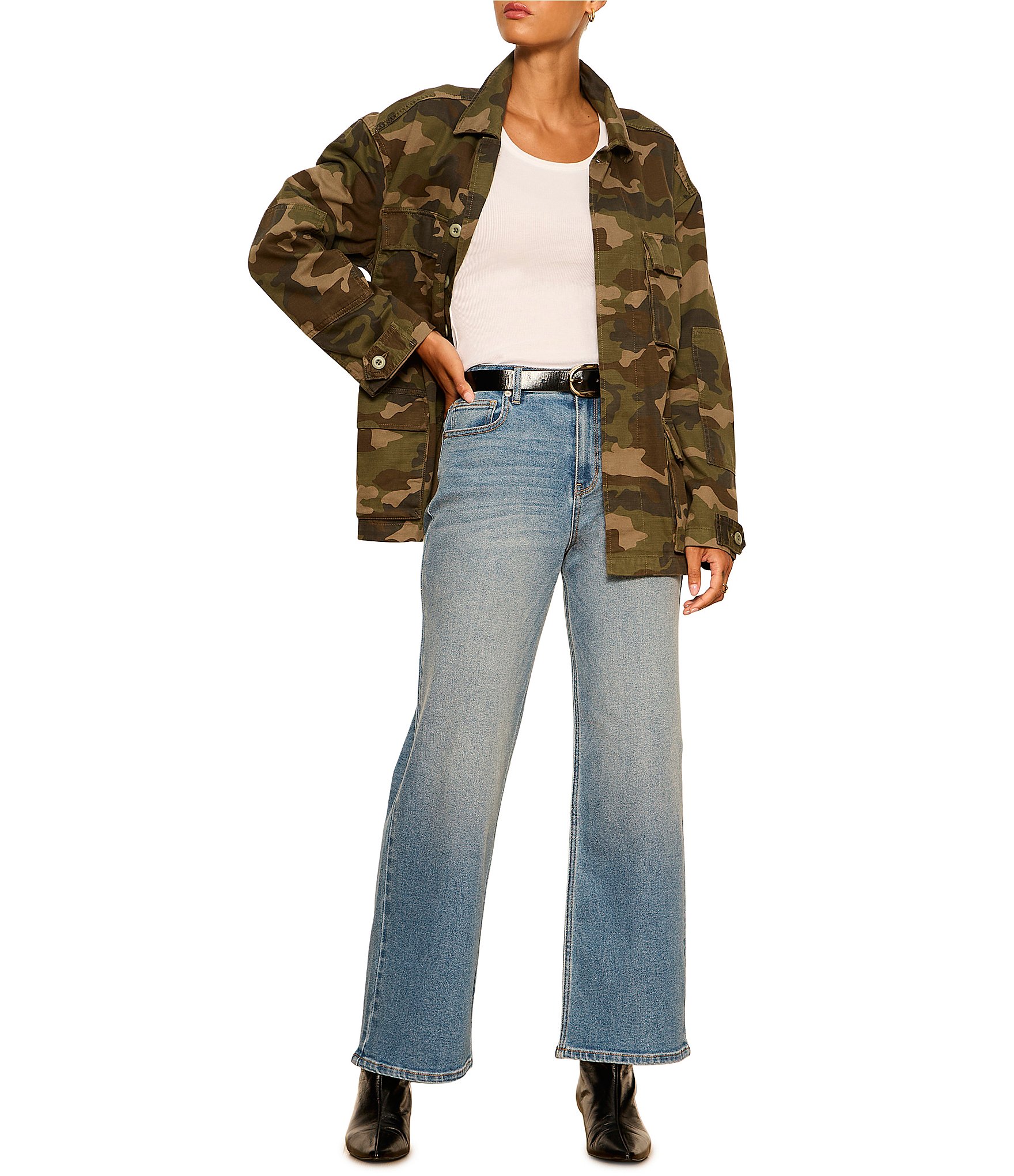 Sanctuary Reissue Camo Point Collared Long Sleeve Button Front Belted Field Jacket