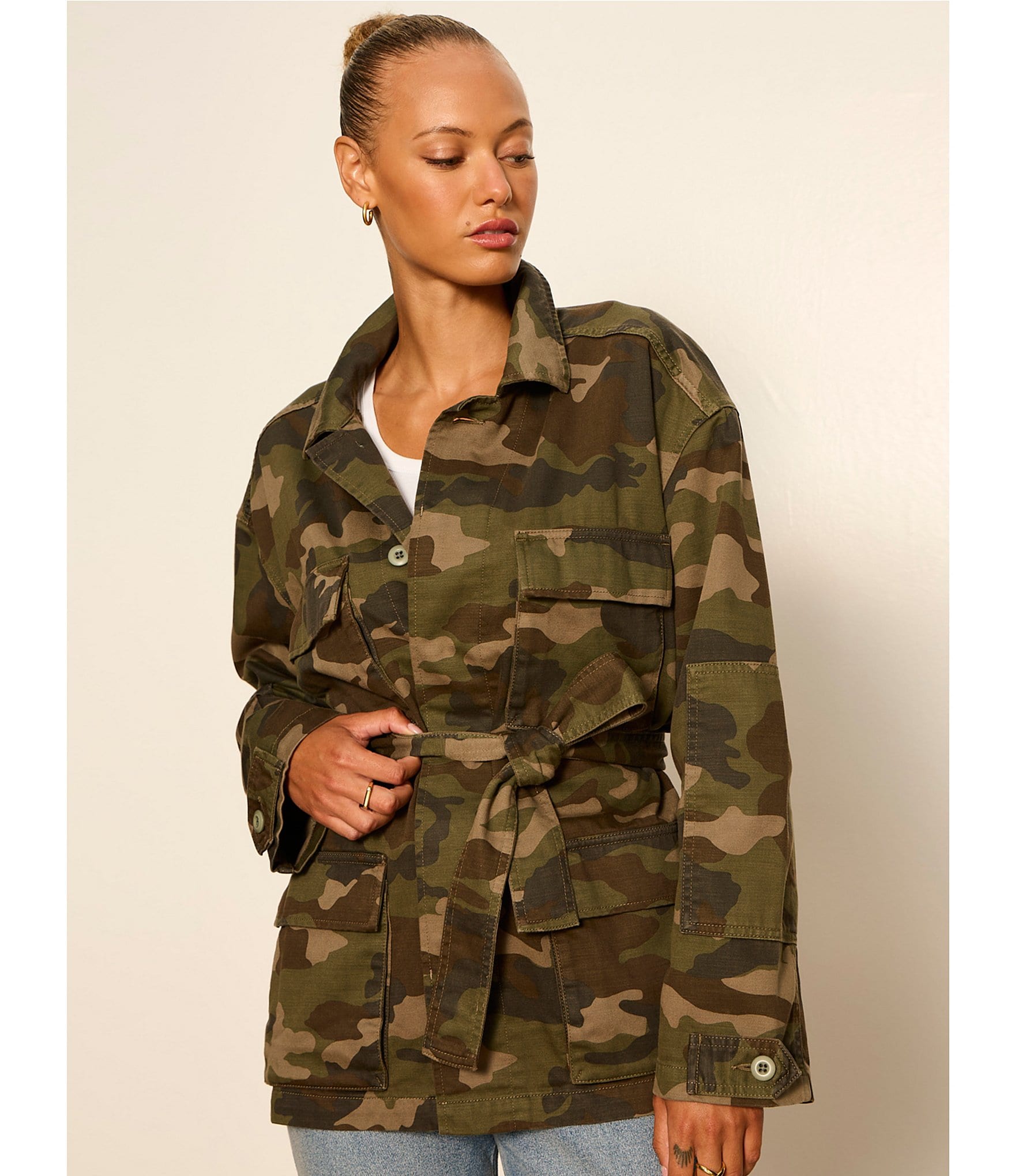 Sanctuary Reissue Camo Point Collared Long Sleeve Button Front Belted Field Jacket