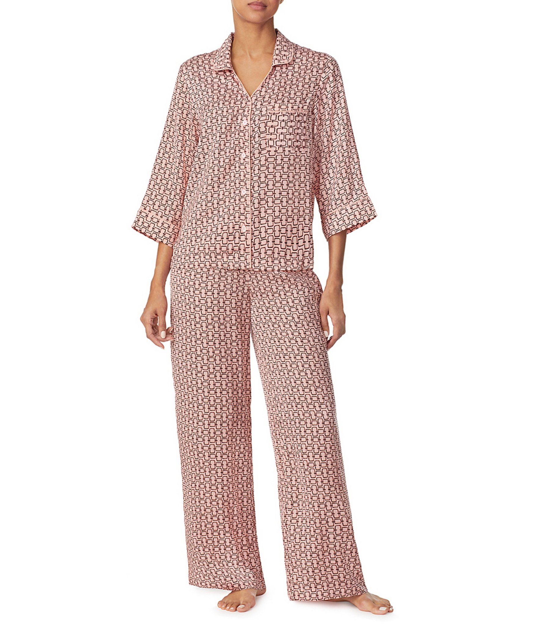 Carole Hochman Rose Print 3/4 Sleeve Notch Collar Coordinating Jersey Knit  Pajama Set