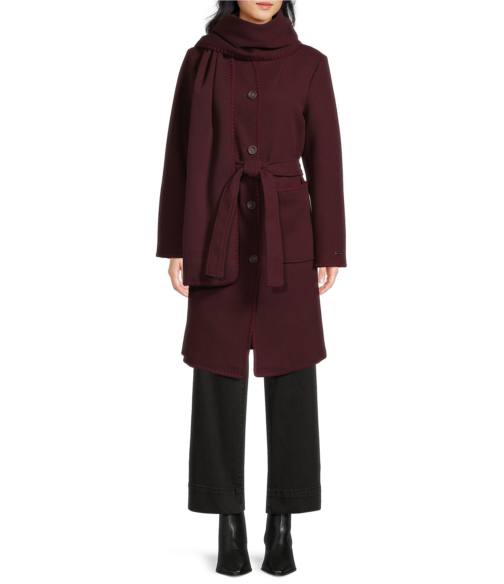 Sanctuary Stand Collar Detachable Scarf Stand Collar Belted Button Front Walker Coat