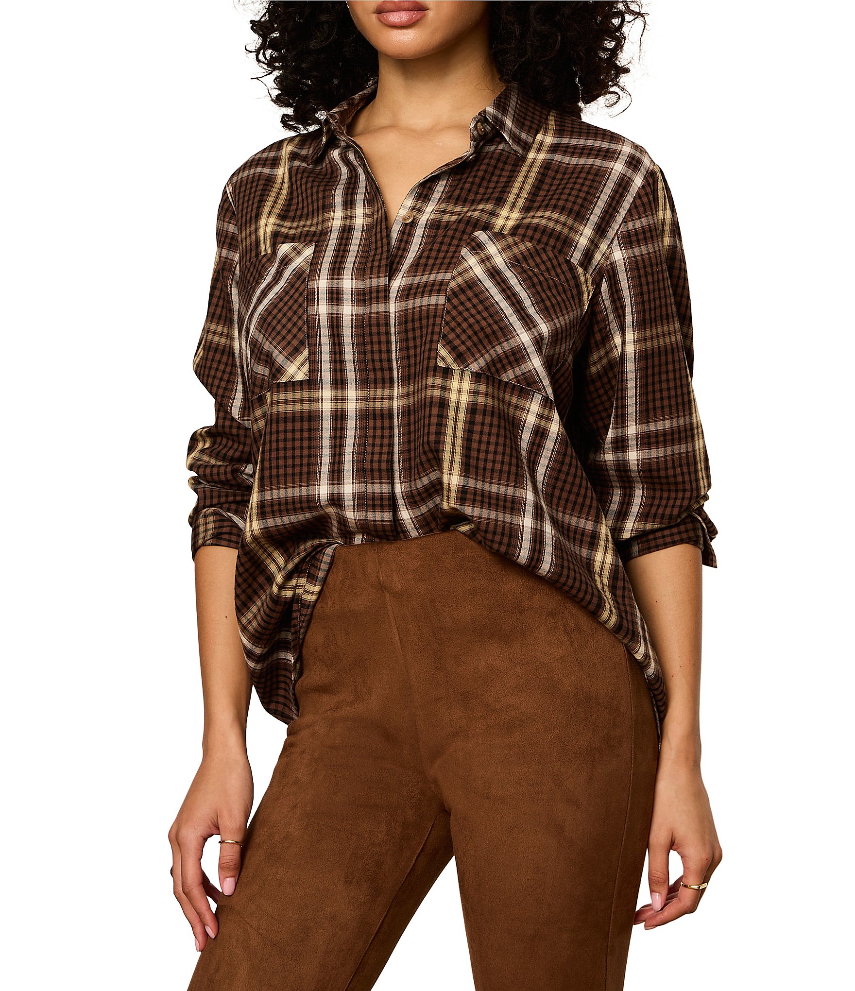 Sanctuary The City Plaid Print Spread Collar Long Sleeve Button Front Shirt