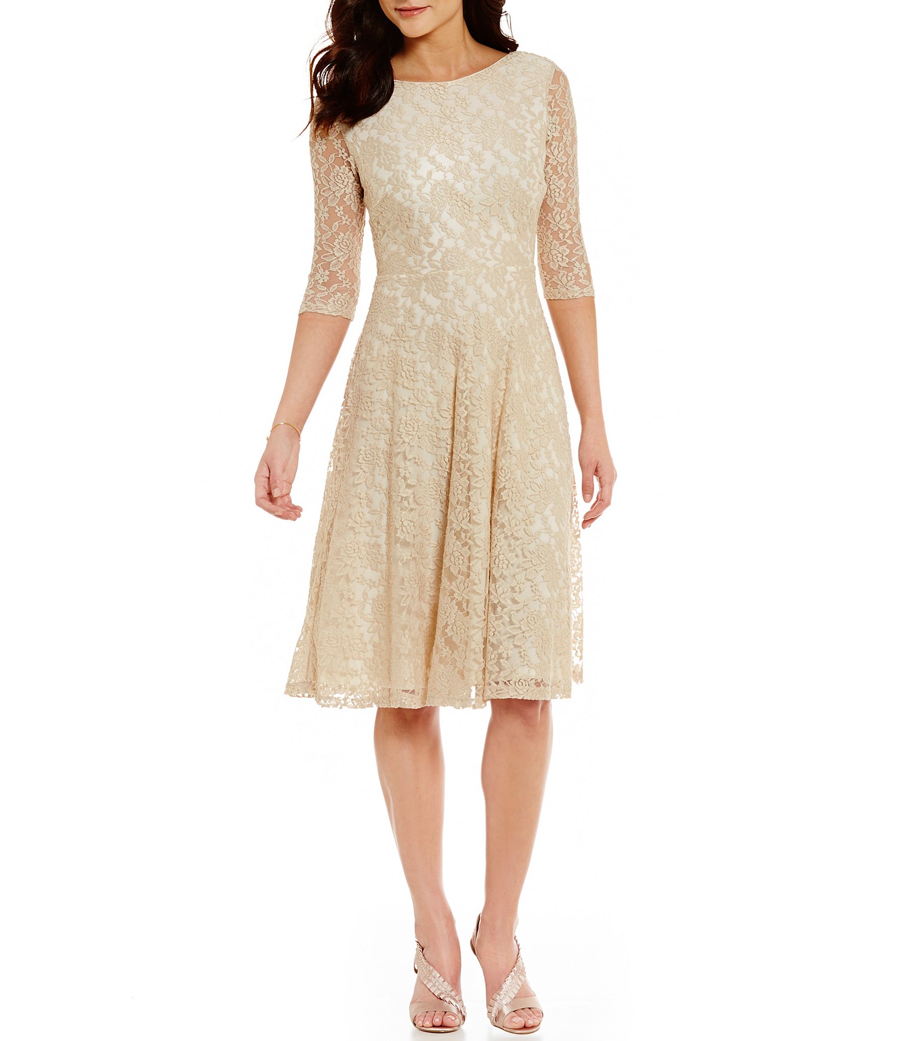 Sangria Tea-Length Midi Lace Fit-and-Flare Dress | Dillards