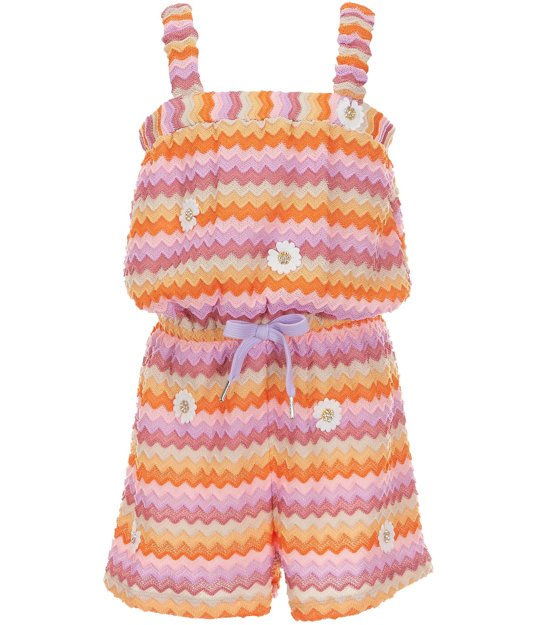 Sara Sara Big Girls Sleeveless Chevron-Patterned/Daisy-Crocheted Romper