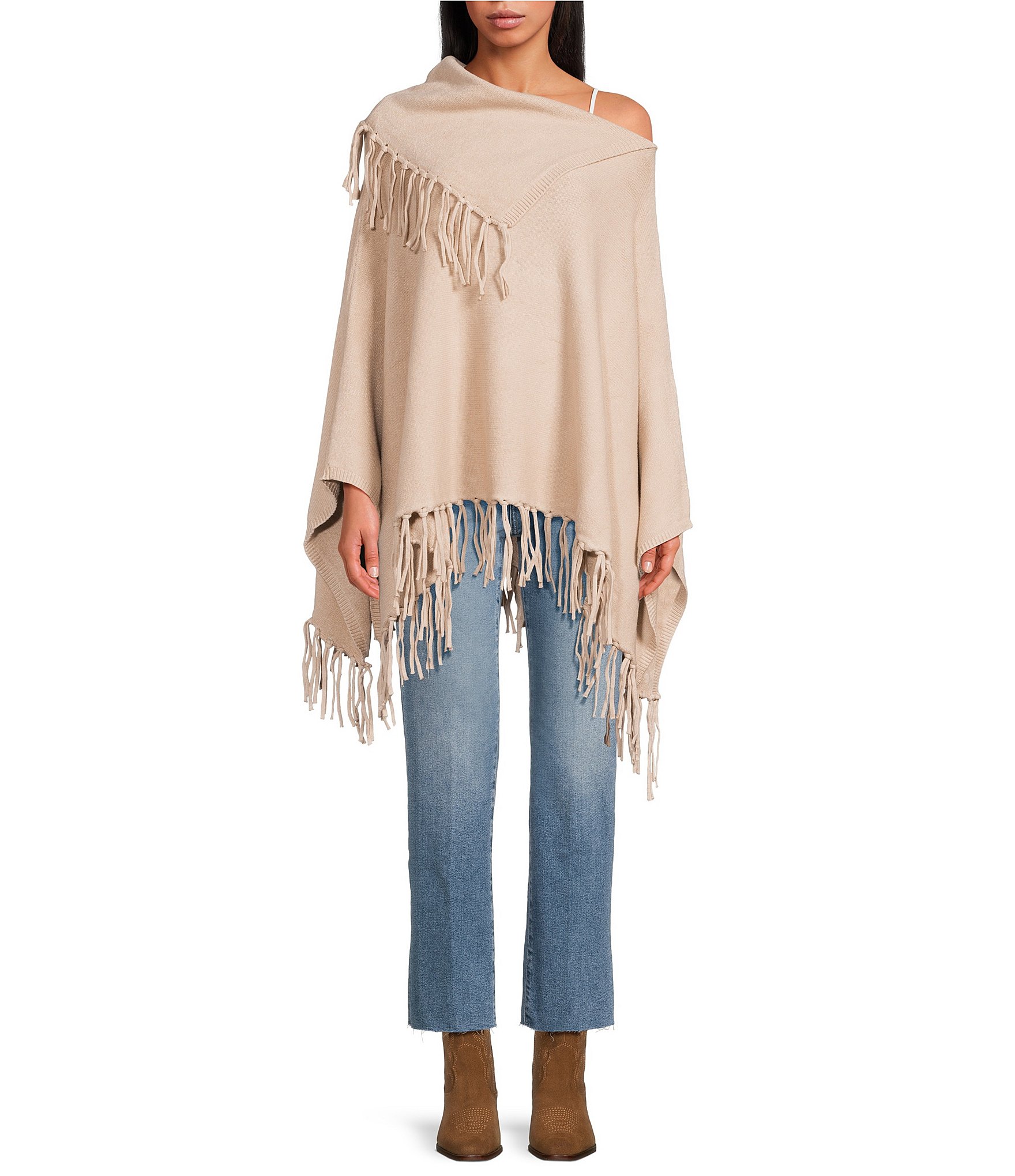 SASSO + SMYTH Fringe Oversized Tassel Collar Knit Poncho