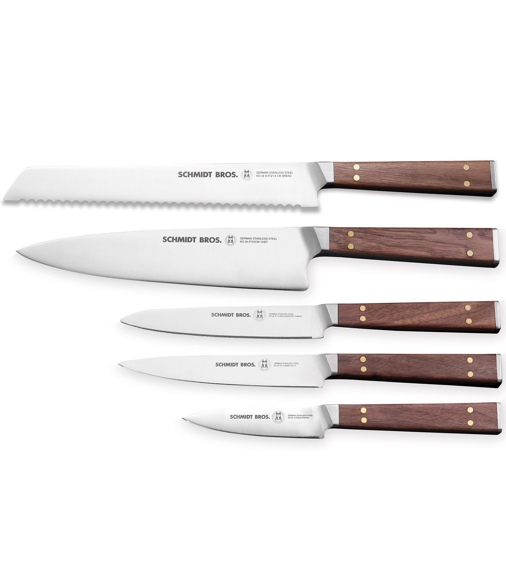 Schmidt Brothers Cutlery Brass & Walnut 6-Piece Knife Block Set