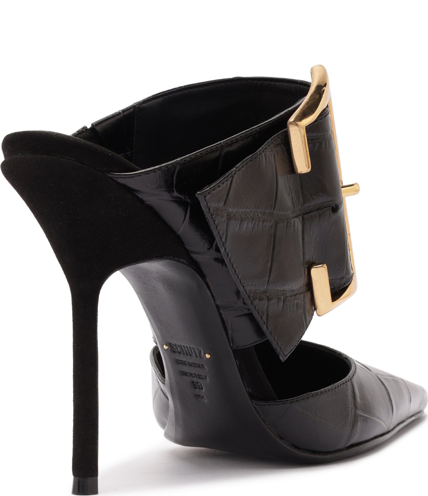 Schutz Beatrix Croco Embossed Leather Big Buckle Hardware Pointed Toe Mules