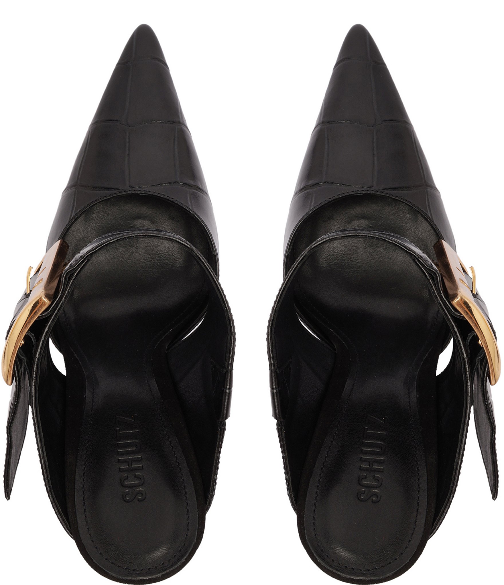 Schutz Beatrix Croco Embossed Leather Big Buckle Hardware Pointed Toe Mules