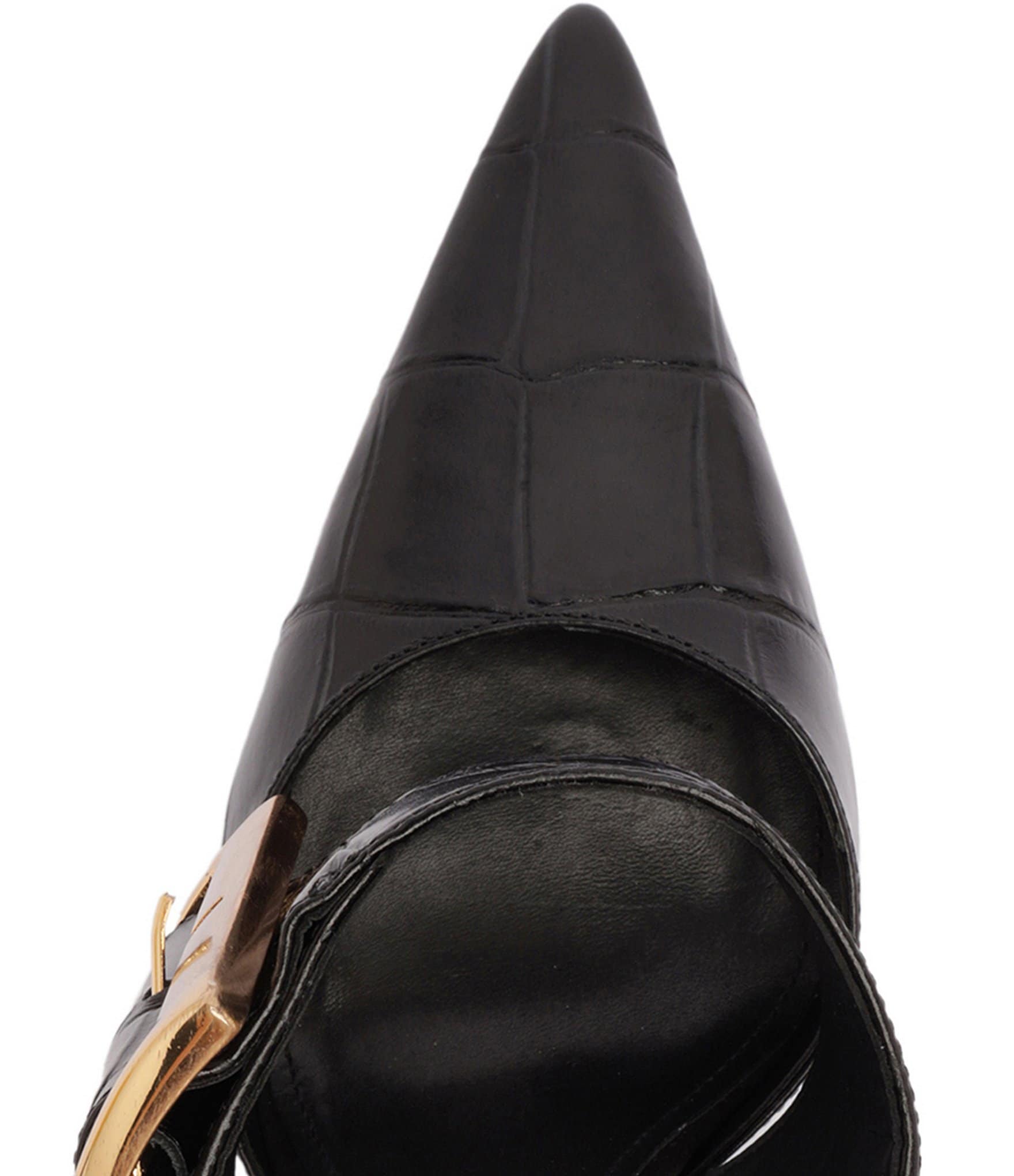 Schutz Beatrix Croco Embossed Leather Big Buckle Hardware Pointed Toe Mules