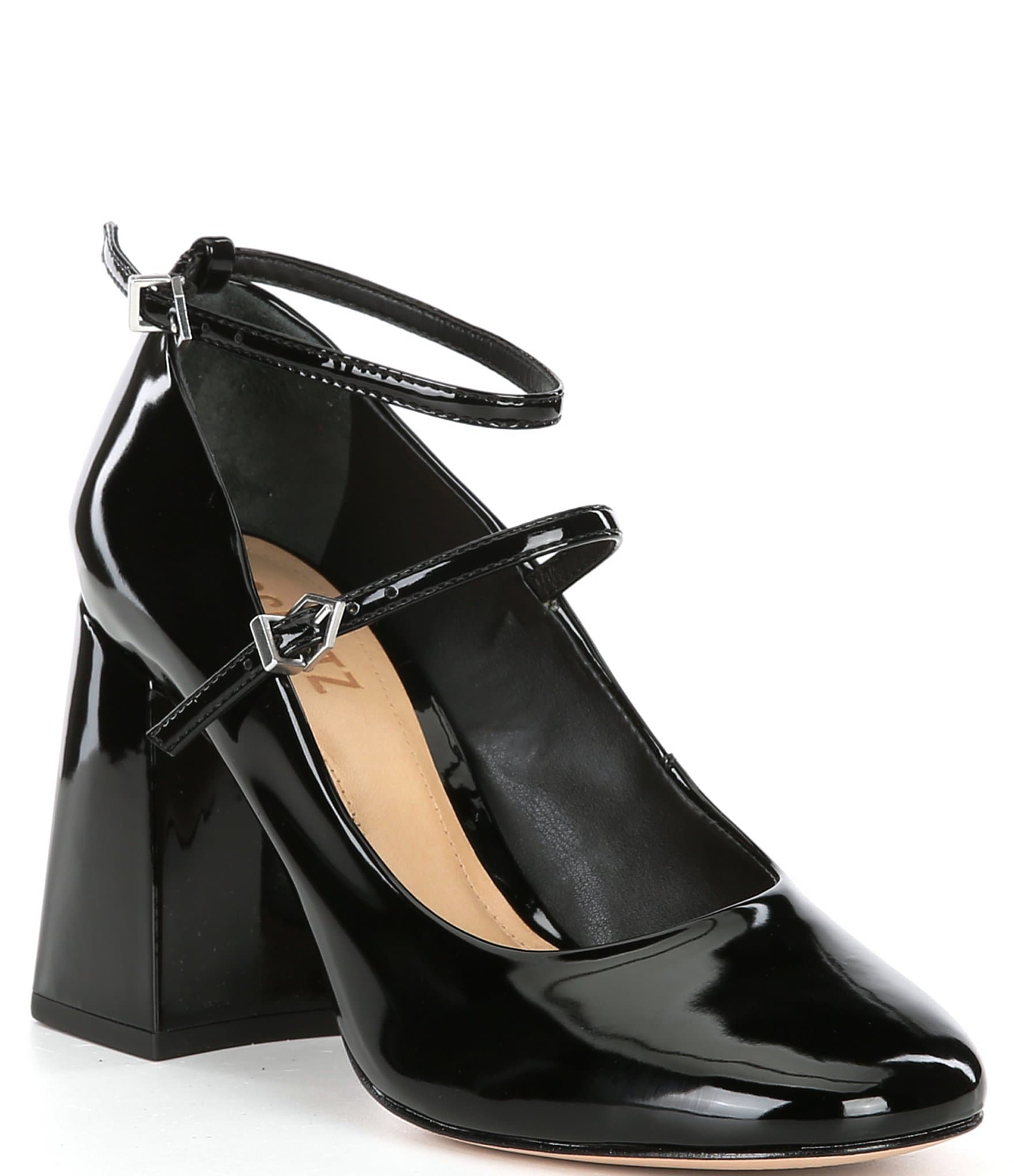 Mary Jane Heeled Pumps for Women Black Patent || Ankle Strap Mary Jane Shoes Leather Block Heels