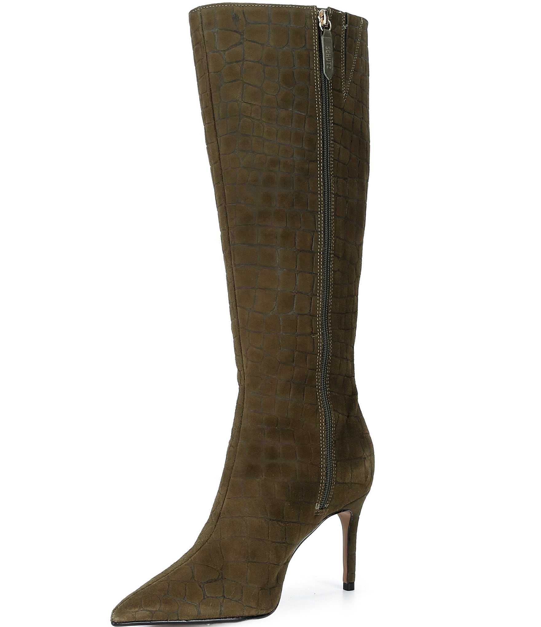 Schutz Mary Up Croco Printed Suede Pointed Toe Tall Boots