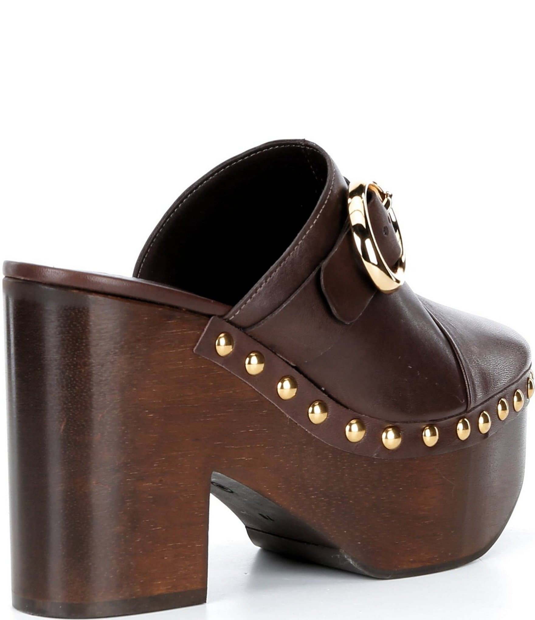 Schutz Piper Leather Studded Buckle Detail Block Heel Platform Clogs