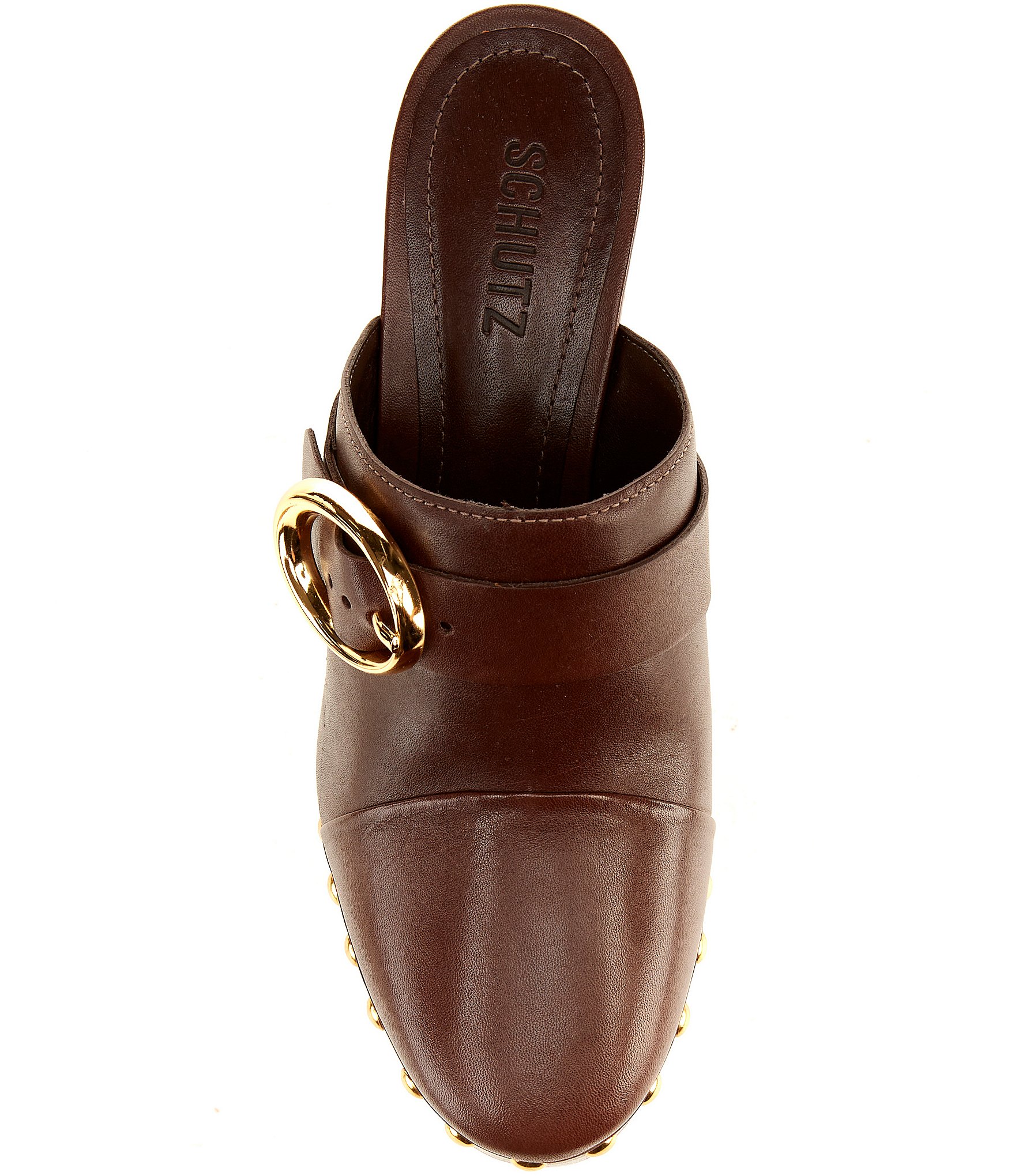 Schutz Piper Leather Studded Buckle Detail Block Heel Platform Clogs