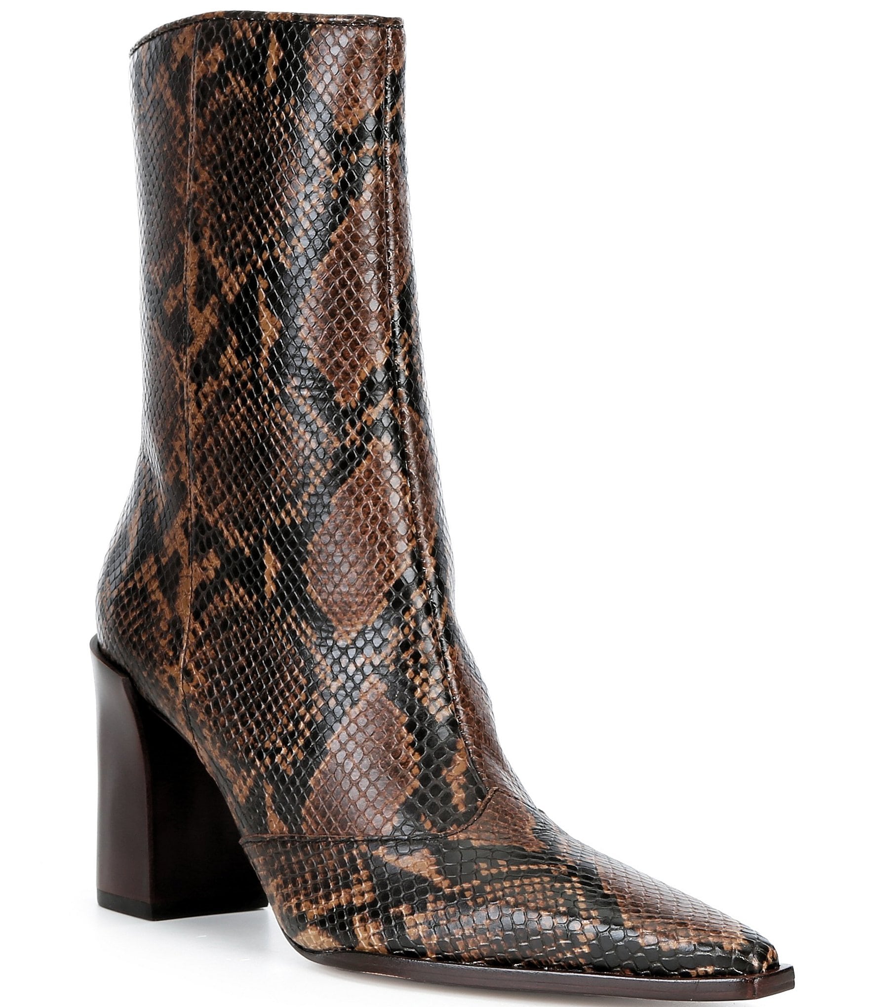 Schutz Raffaela Snake Print Leather Pointed Toe Block Heel Booties