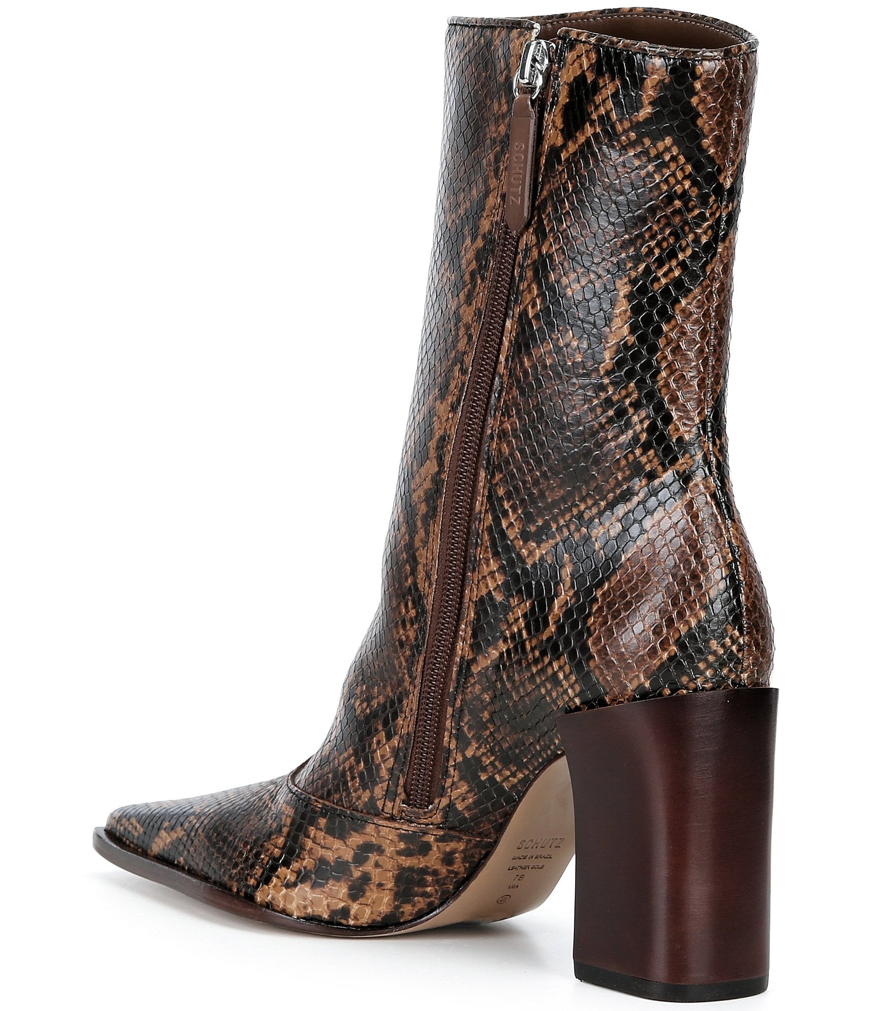 Schutz Raffaela Snake Print Leather Pointed Toe Block Heel Booties