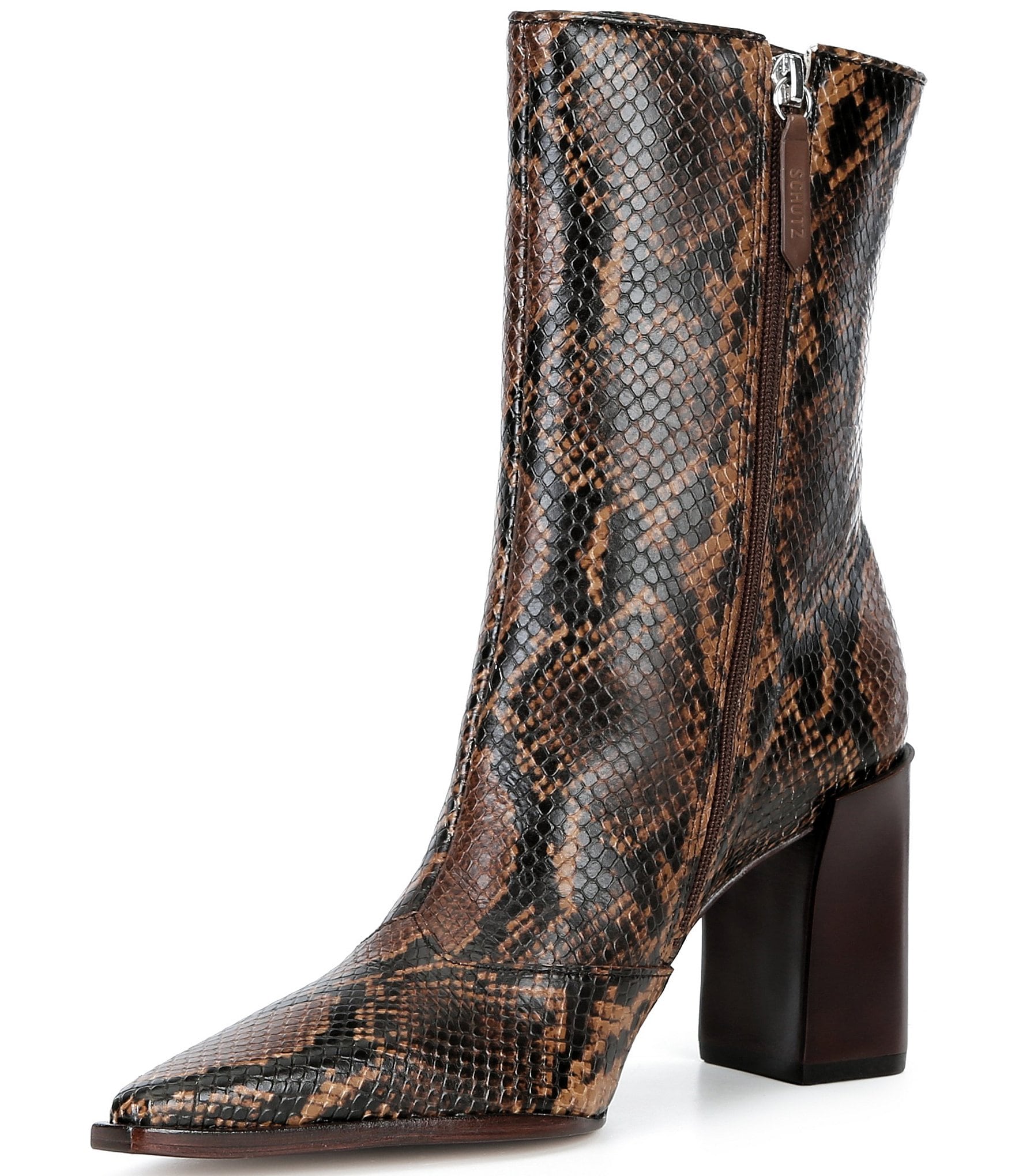 Schutz Raffaela Snake Print Leather Pointed Toe Block Heel Booties