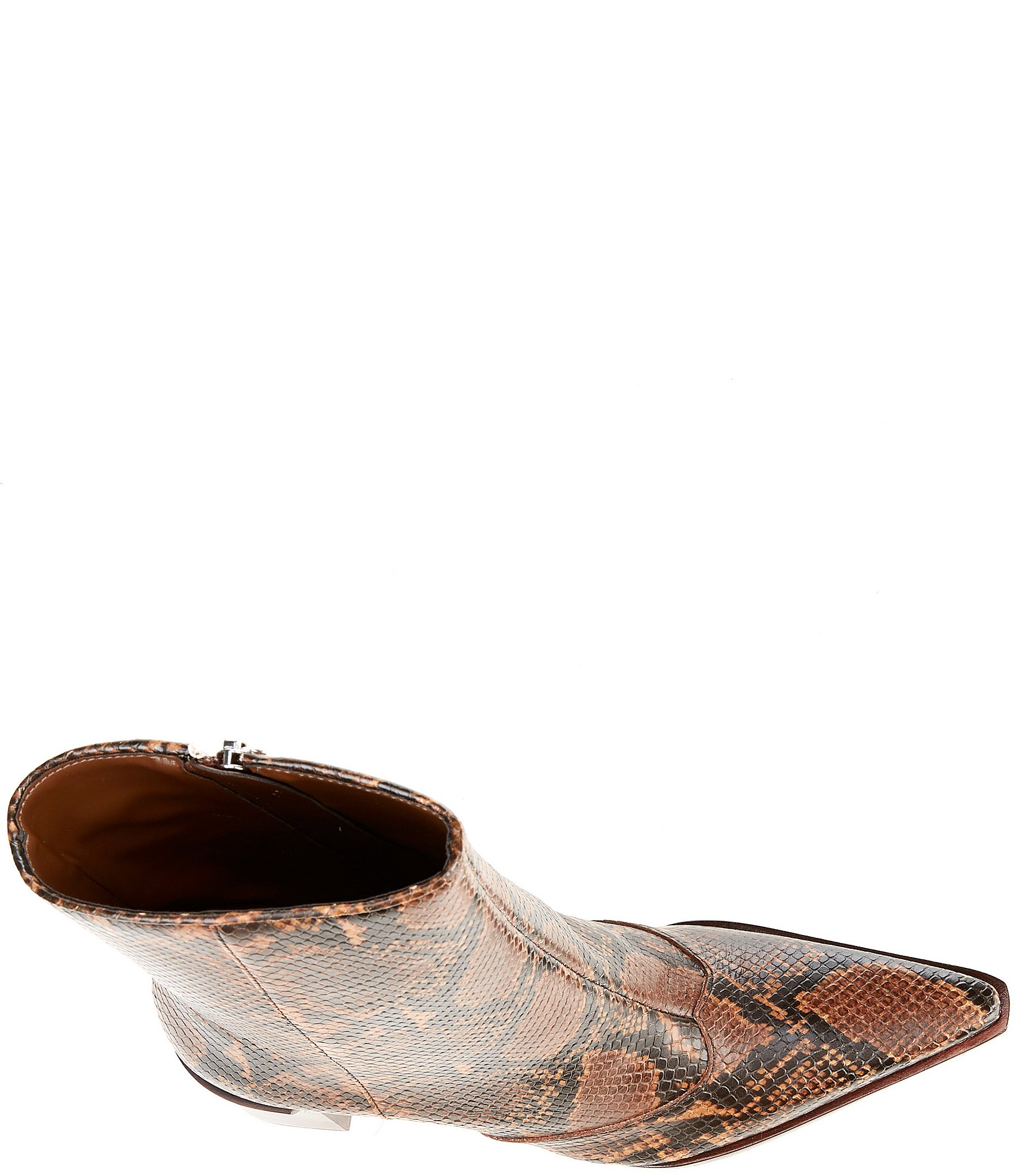 Schutz Raffaela Snake Print Leather Pointed Toe Block Heel Booties