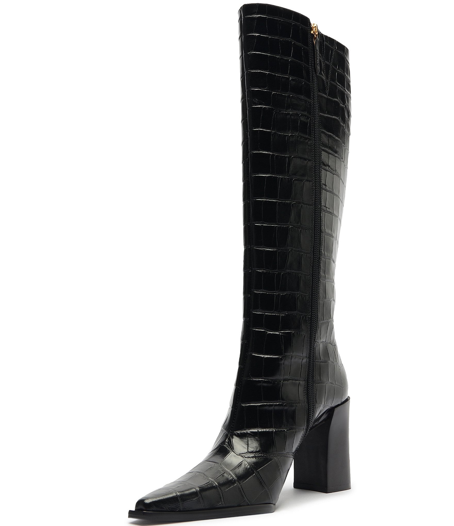 Schutz Raffaela Up Crocodile Embossed Leather Block Heel Tall Boots