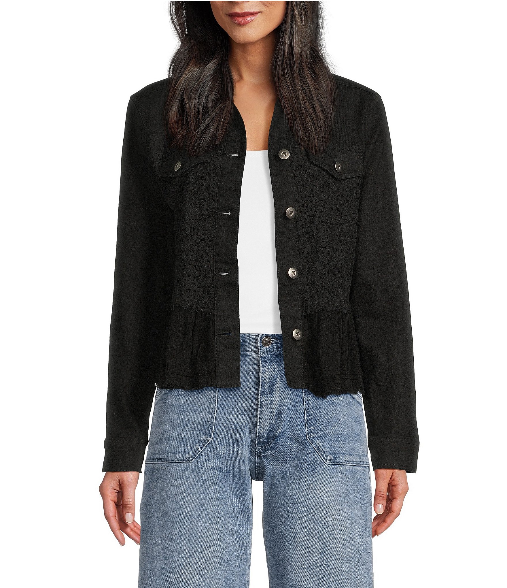 Scully Denim Lace Voile Point Collar Long Sleeve Button Front Jacket