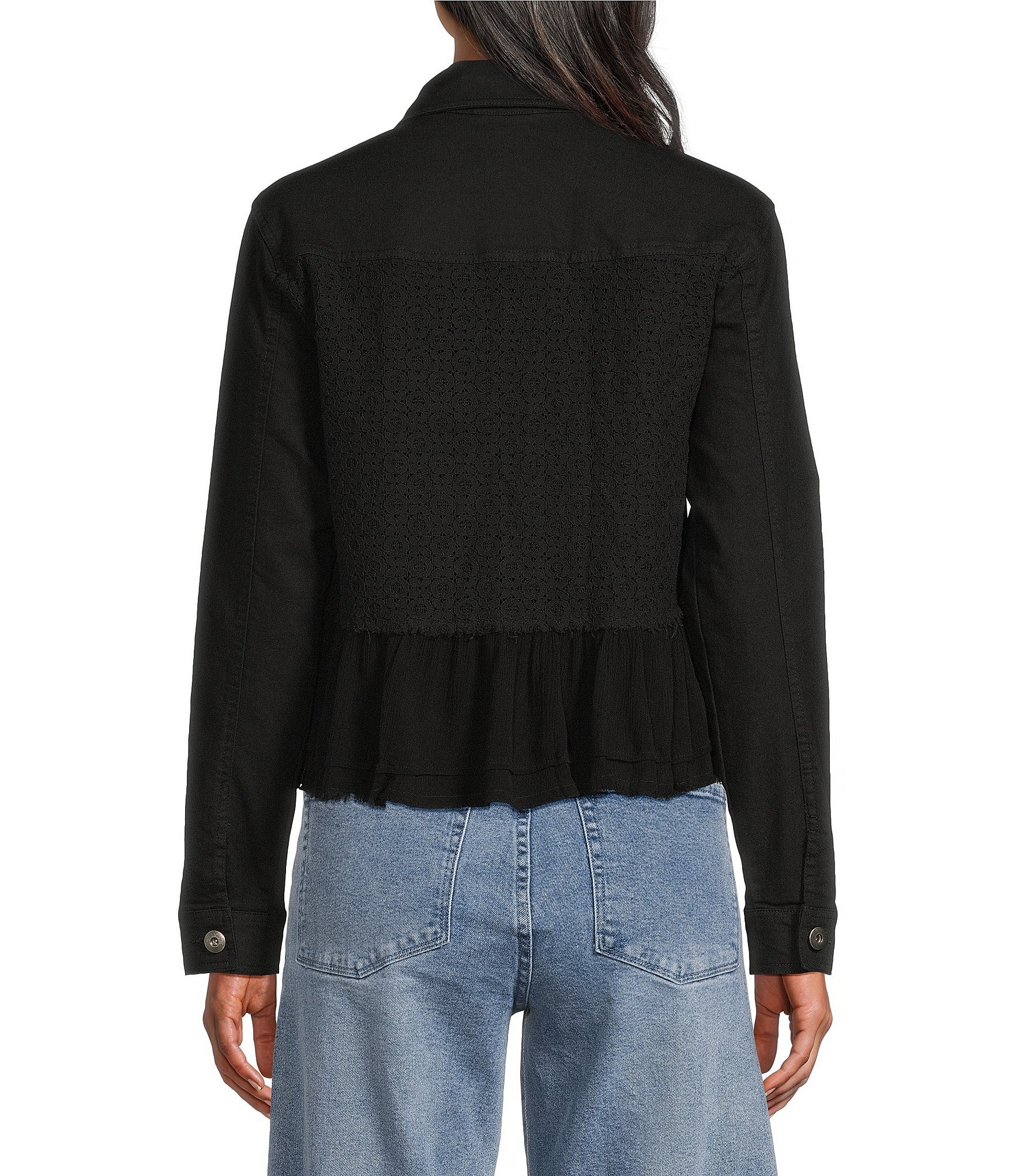 Scully Denim Lace Voile Point Collar Long Sleeve Button Front Jacket