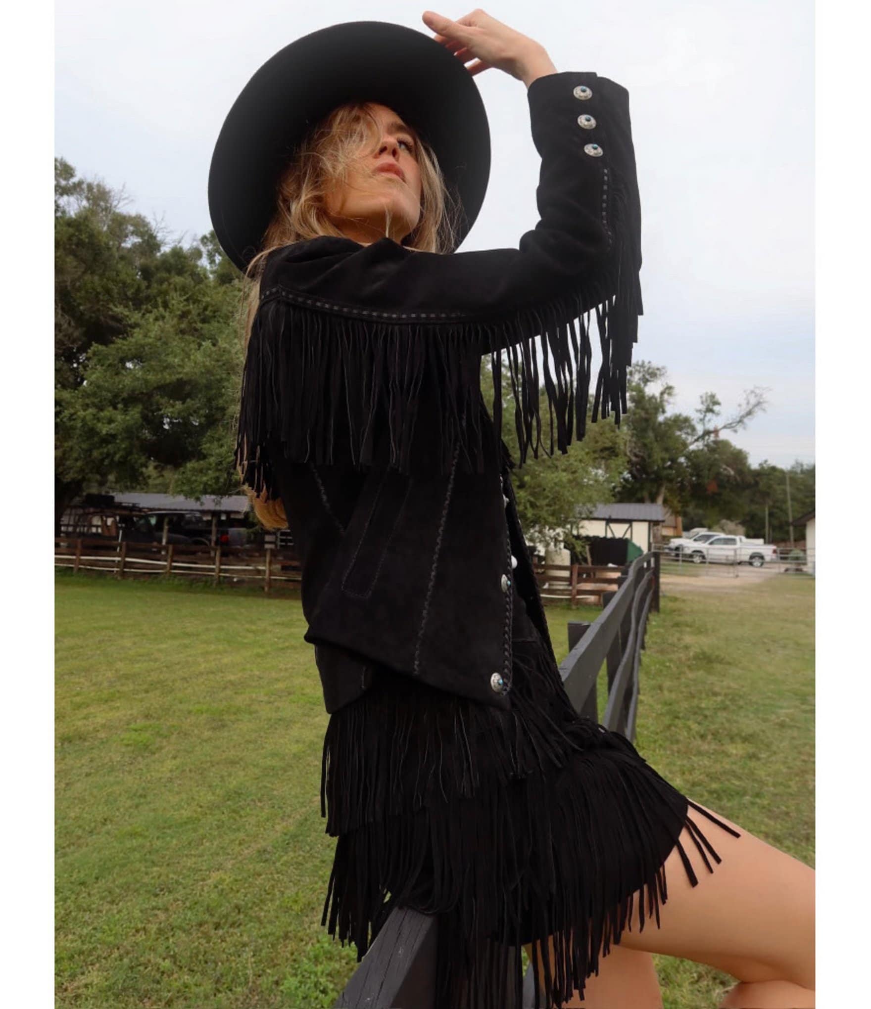 Scully Suede Leather Whipstitch Collar Fringe Jacket