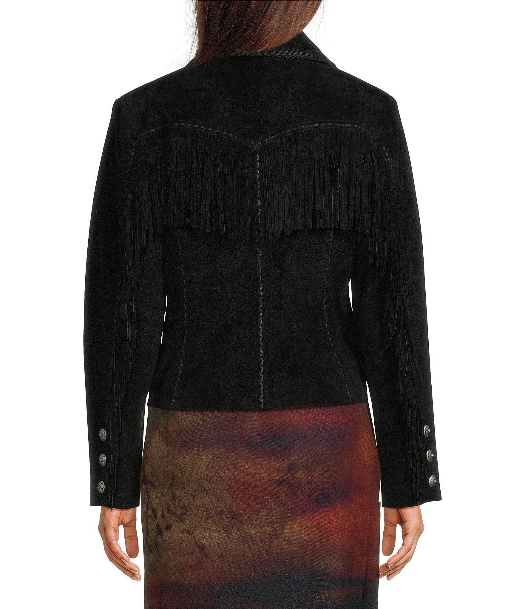 Scully Suede Leather Whipstitch Collar Fringe Jacket