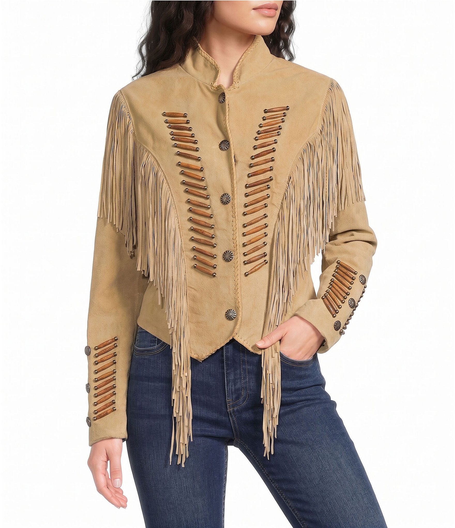 Scully Suede Fringe Round Neck Long Sleeve Jacket
