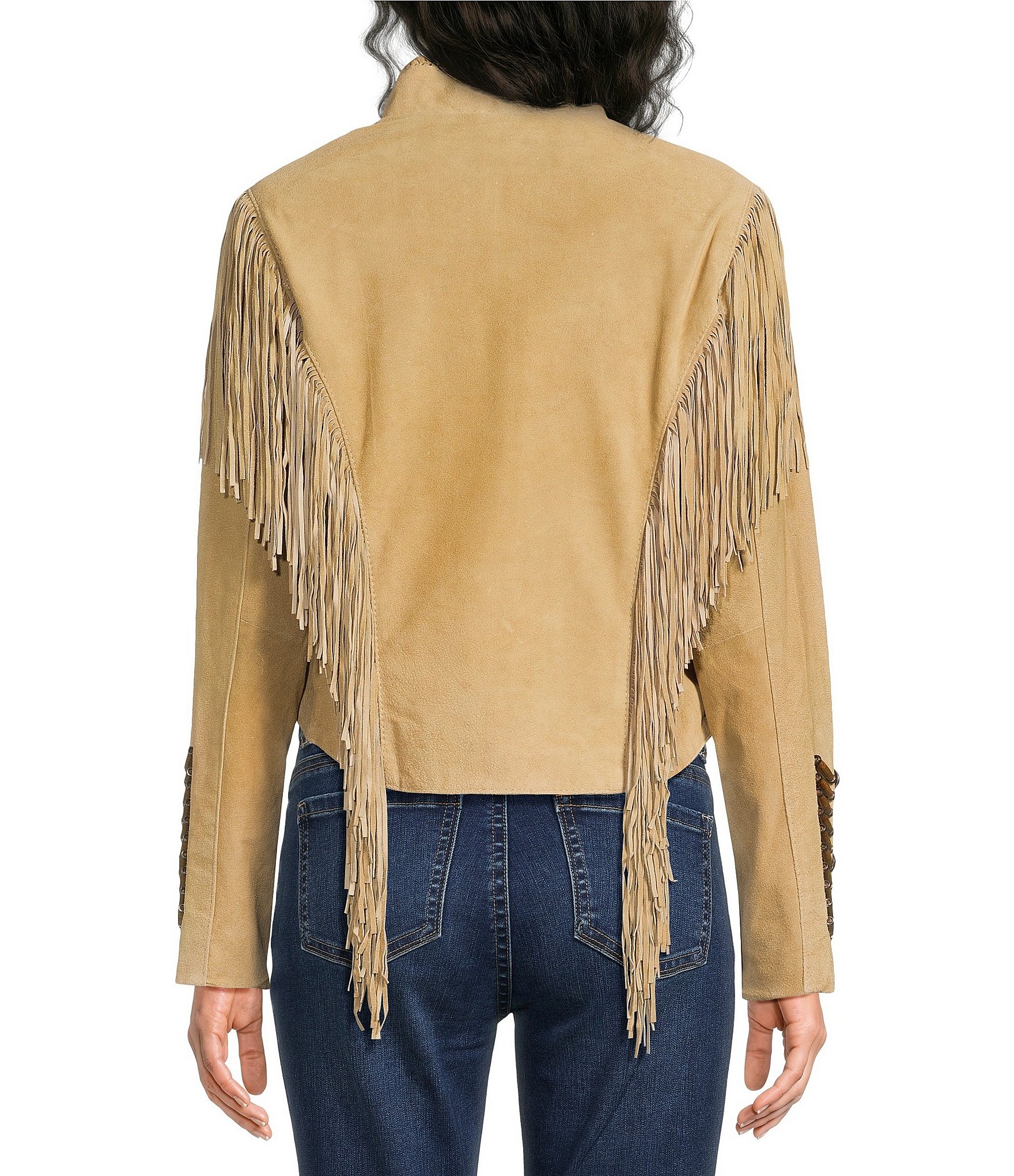 Scully Suede Fringe Round Neck Long Sleeve Jacket