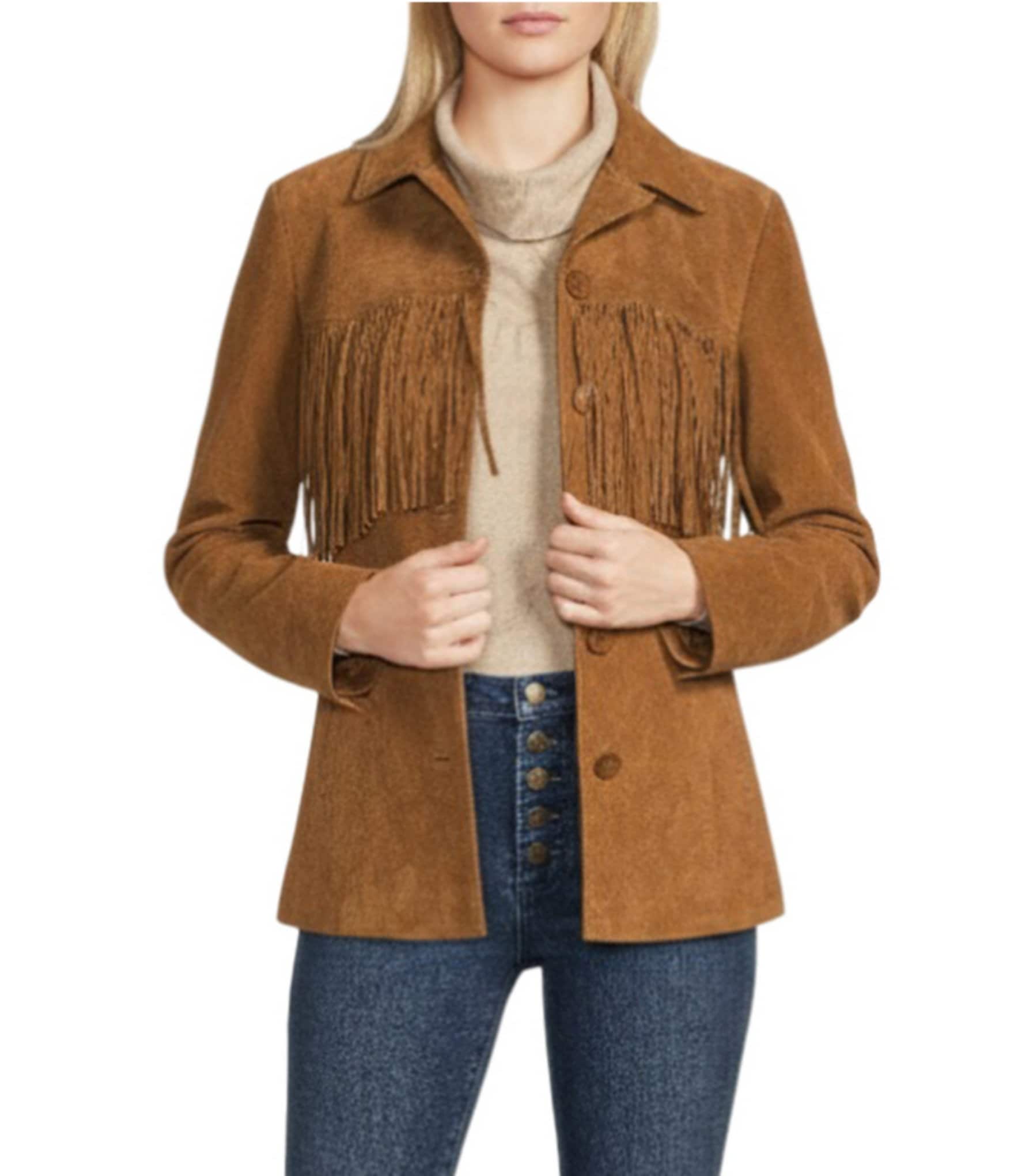 Scully Suede Leather Fringe Button Front Jacket