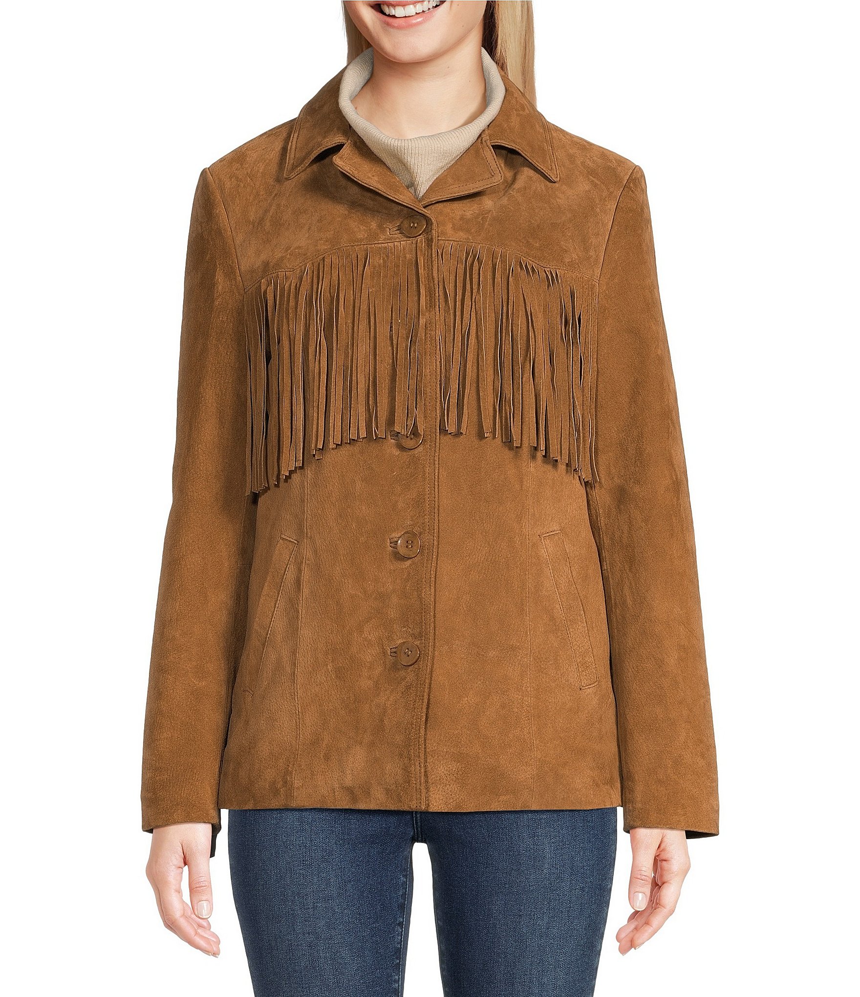 Scully Suede Leather Fringe Button Front Jacket