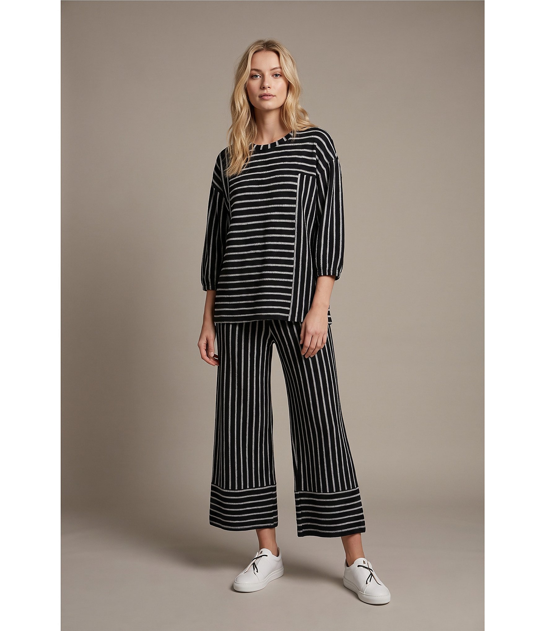 See and Be Seen Coordinating Textured Mixed Stripe Round Neck 3/4 Sleeve Top