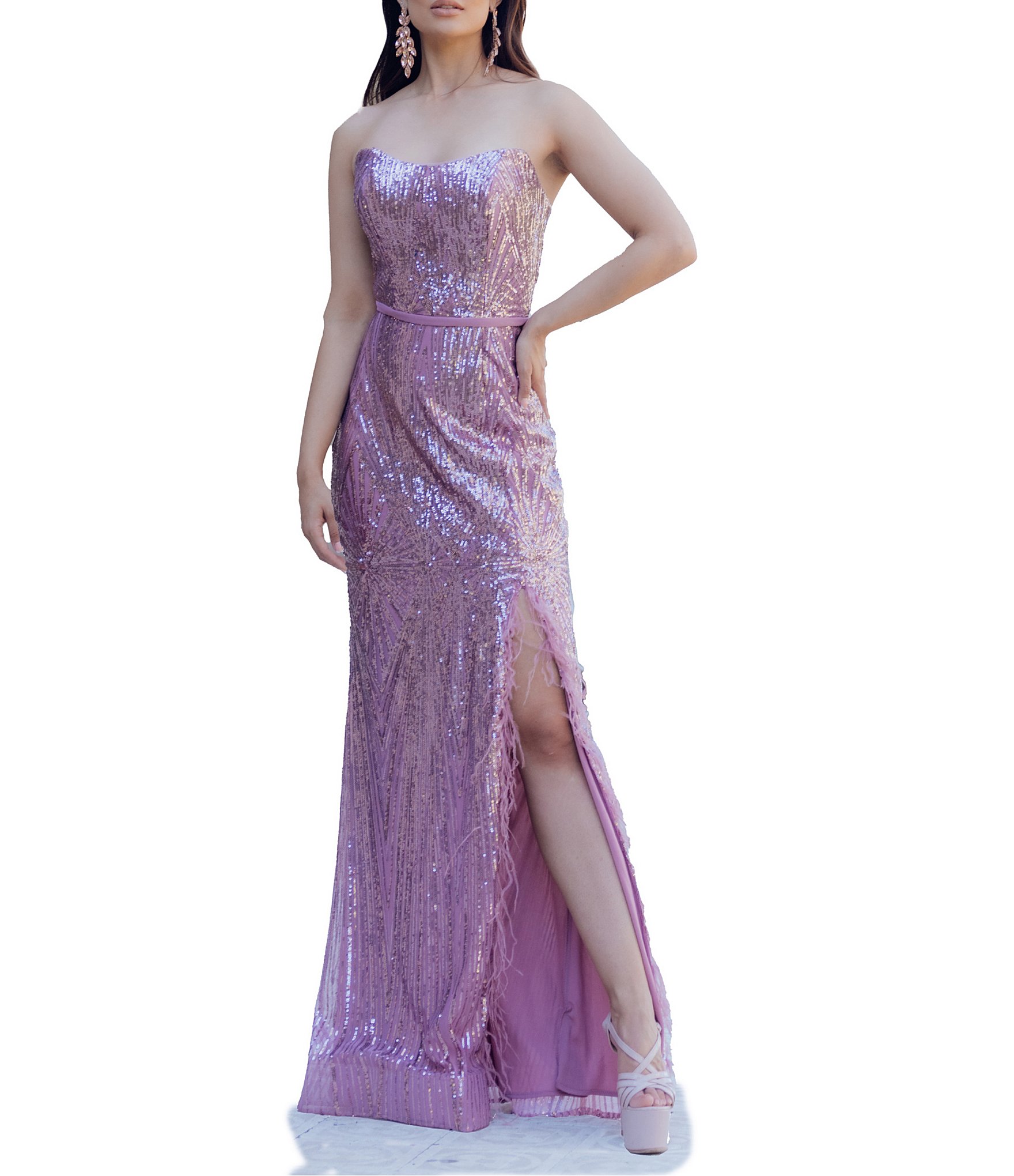 Sequin Feather Side Slit Strapless Gown | Dillard's