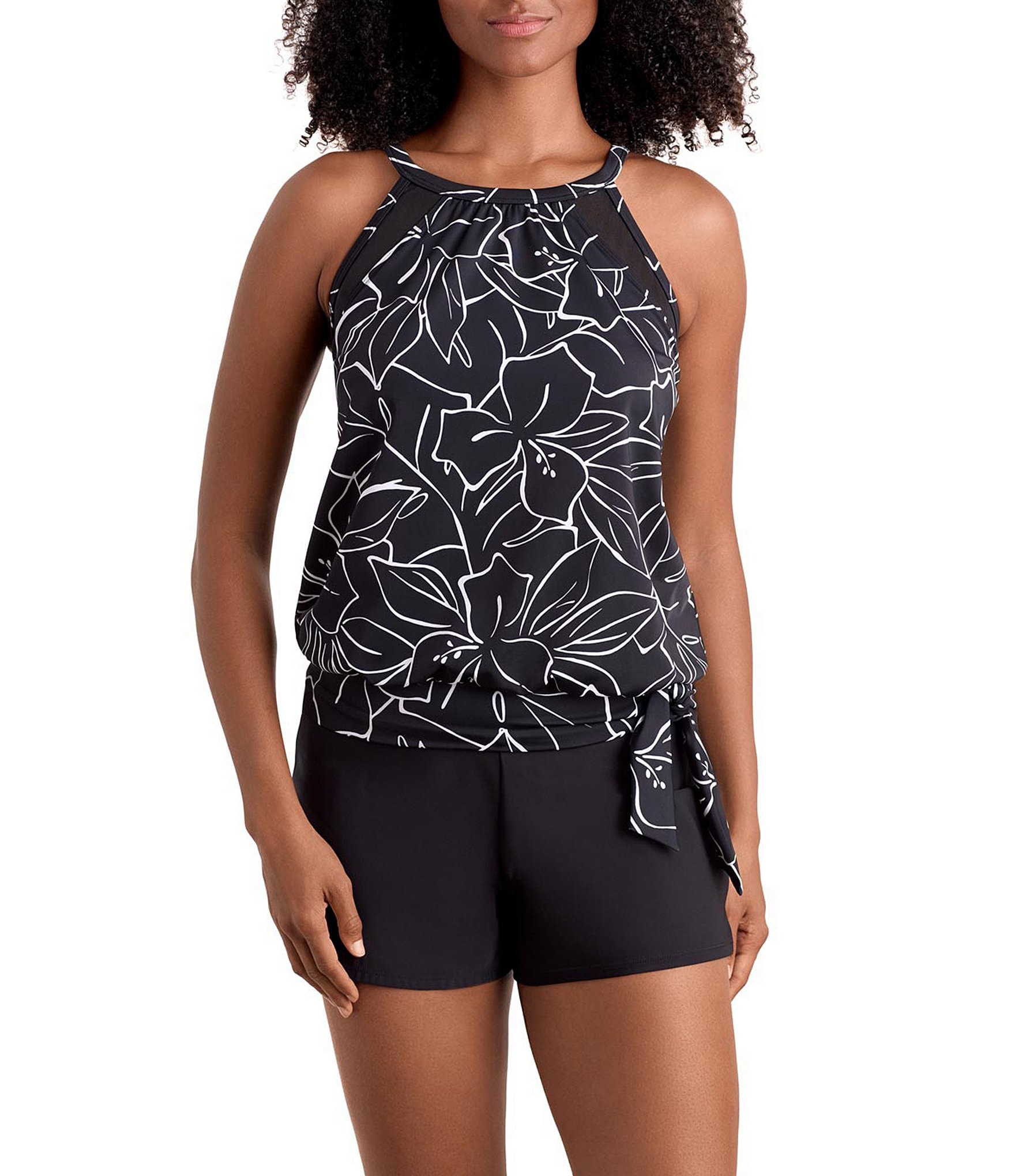 Shape Solver Floraline High Neck Blouson Tankini Swim Top