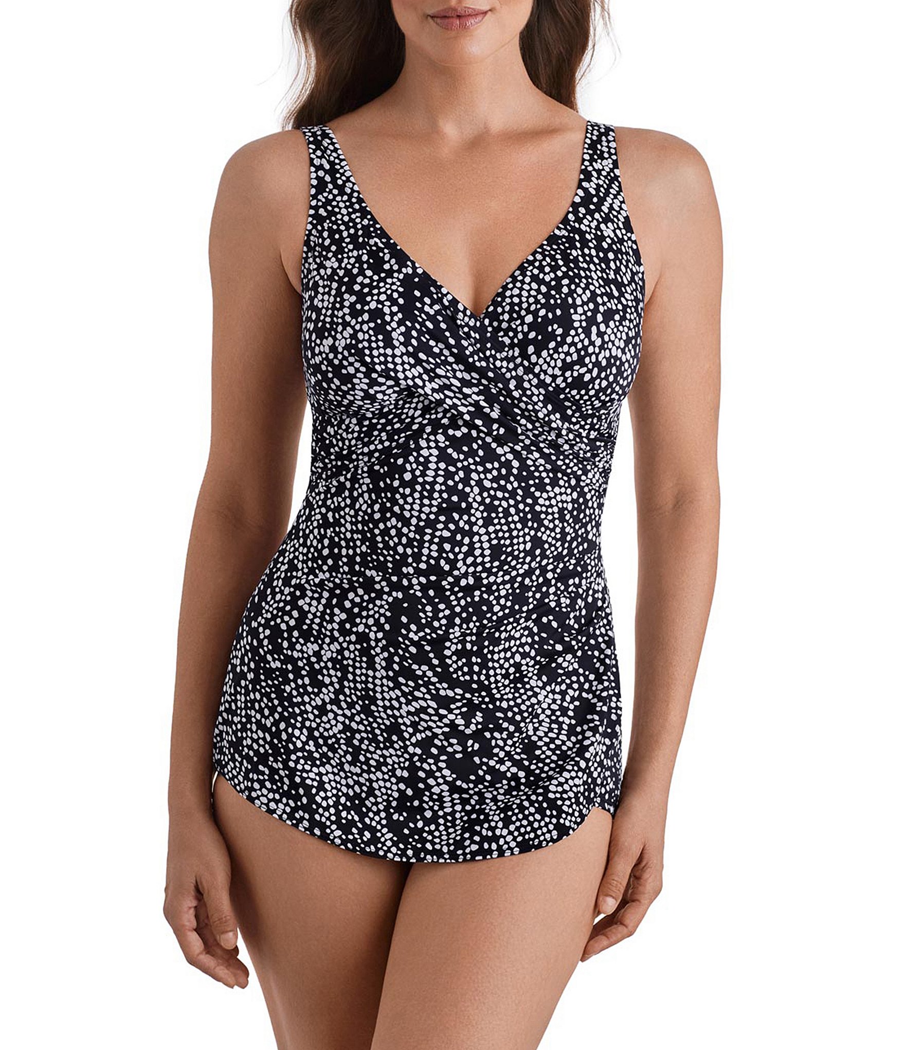 Shape Solver Pebble Beach V-Neck Crossover Sarong One Piece Swimdress