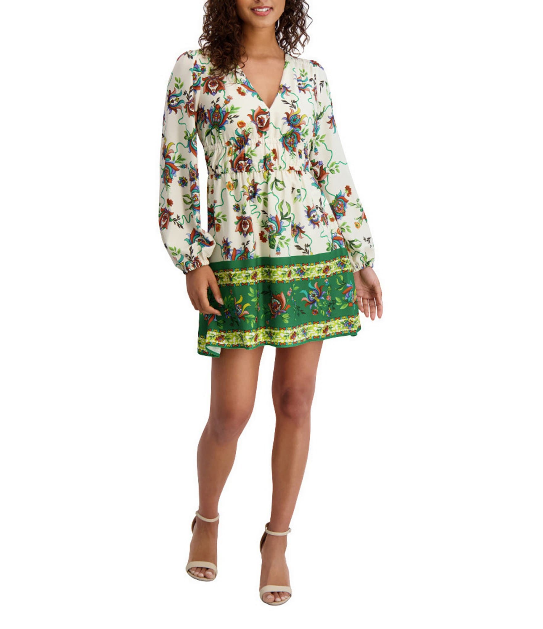 SIENA Floral Print V-Neck Long Sleeve Woven Shift Mini Dress