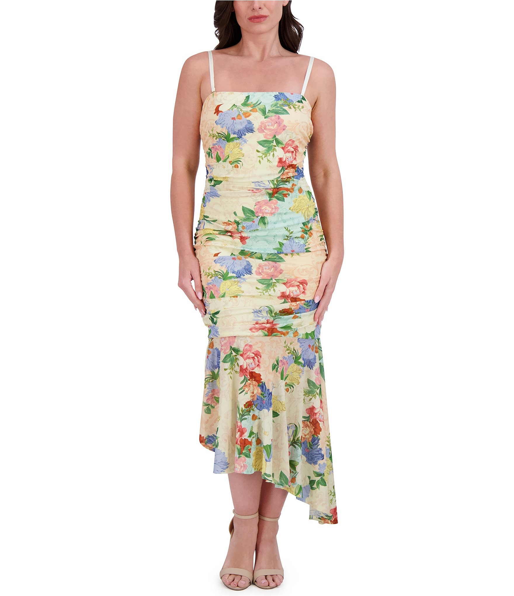 SIENA Mesh Floral Print Strapless Neck Sleeveless Ruched Drop Waist Midi Dress