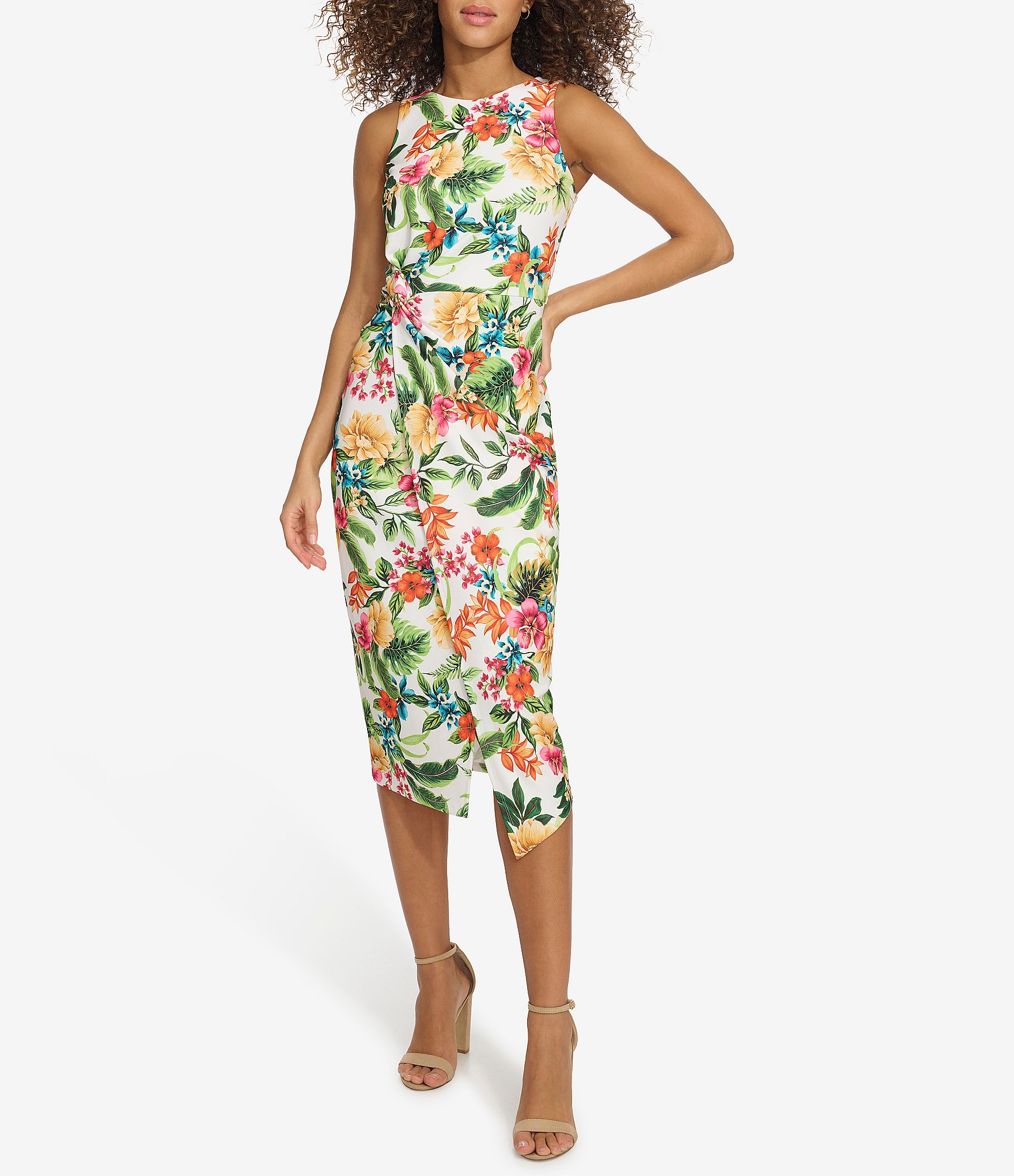 Siena Scuba Crepe Floral Print Boat Neck Sleeveless Wrap Skirt Midi