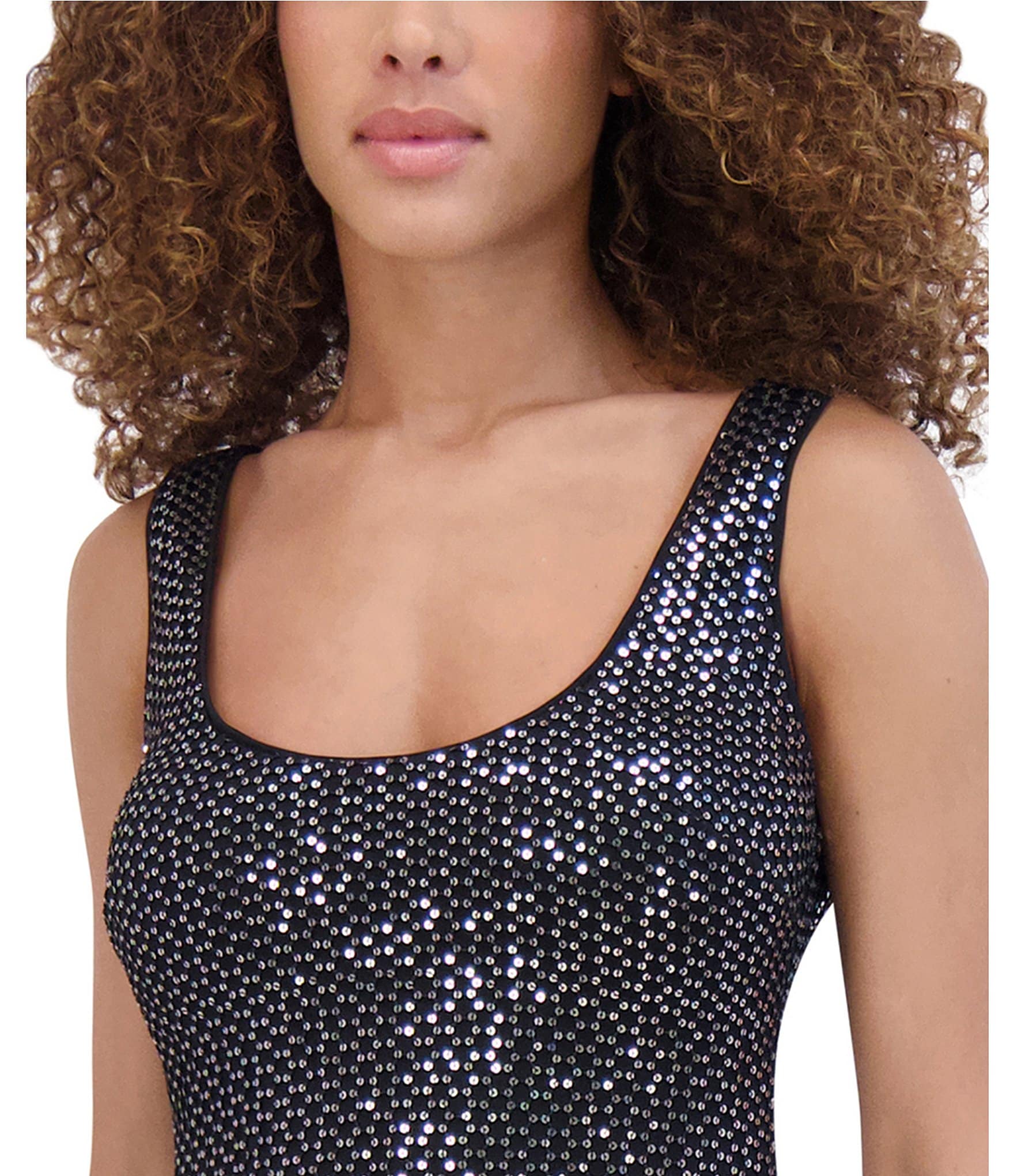 SIENA Sequin Mesh Knit Scoop Neck Sleeveless Wide Strap Side Slit Hem Sheath Dress