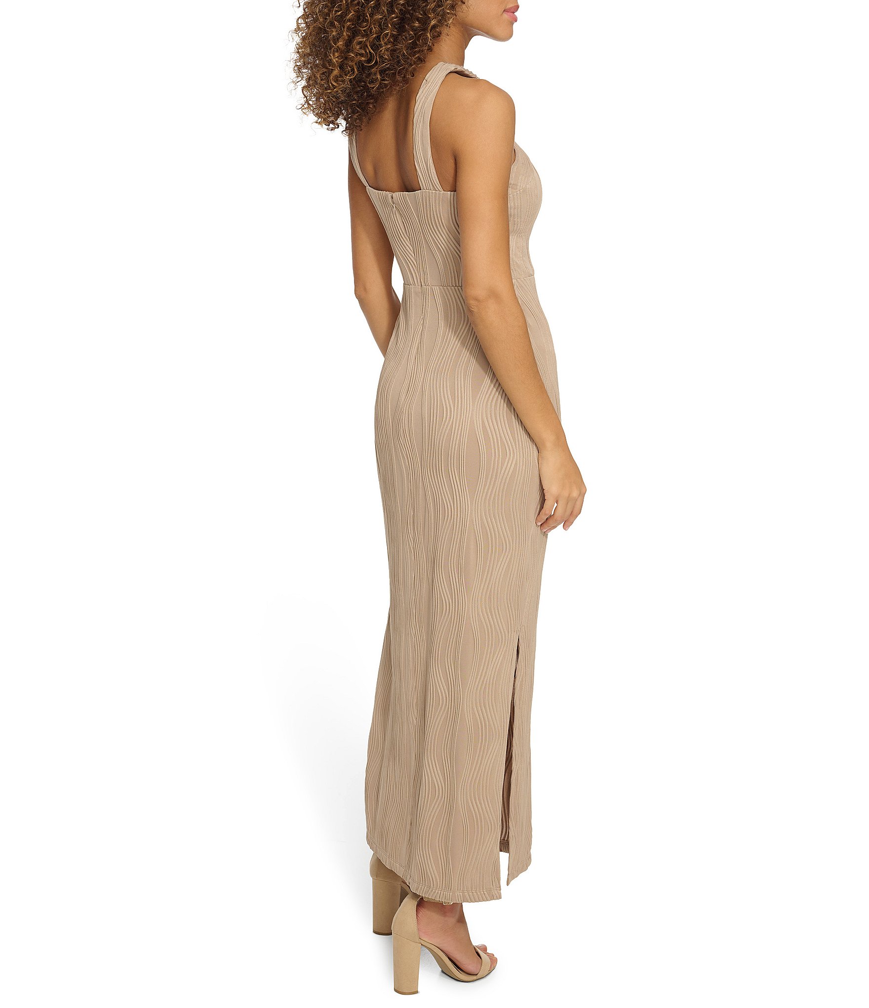 SIENA Textured Knit Halter Neck Sleeveless Side Slit Maxi Dress