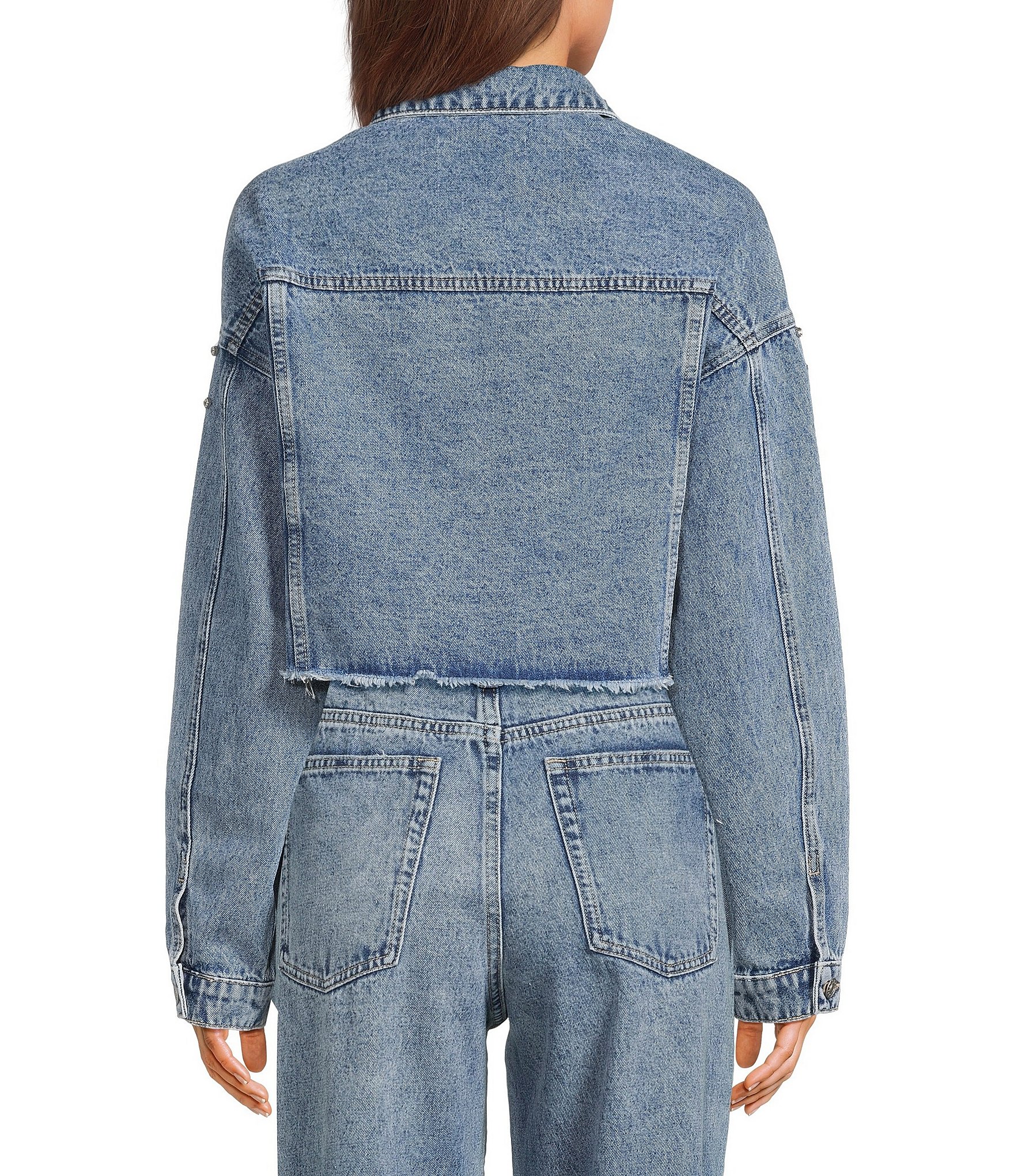 Signature 8 Rhinestone Beaded Cropped Long Sleeve Distressed Denim Jacket