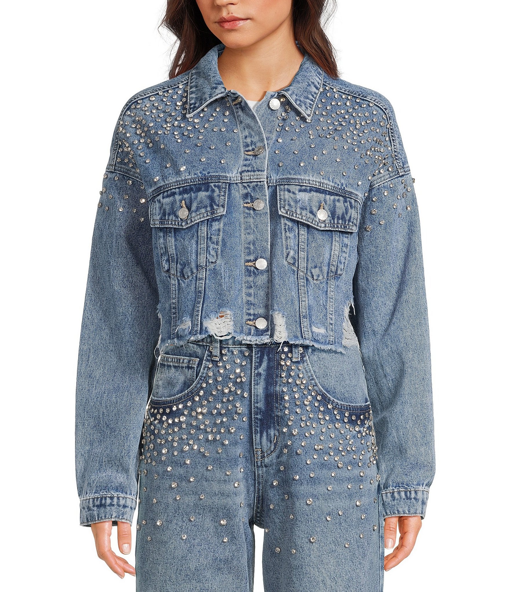 Signature 8 Rhinestone Beaded Cropped Long Sleeve Distressed Denim Jacket