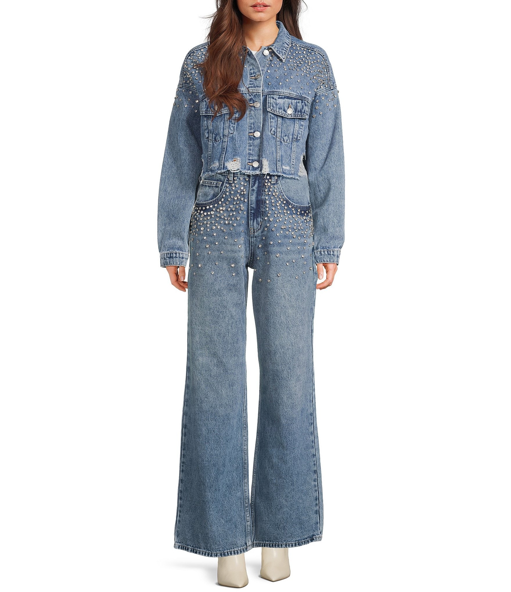Signature 8 Rhinestone Beaded Cropped Long Sleeve Distressed Denim Jacket