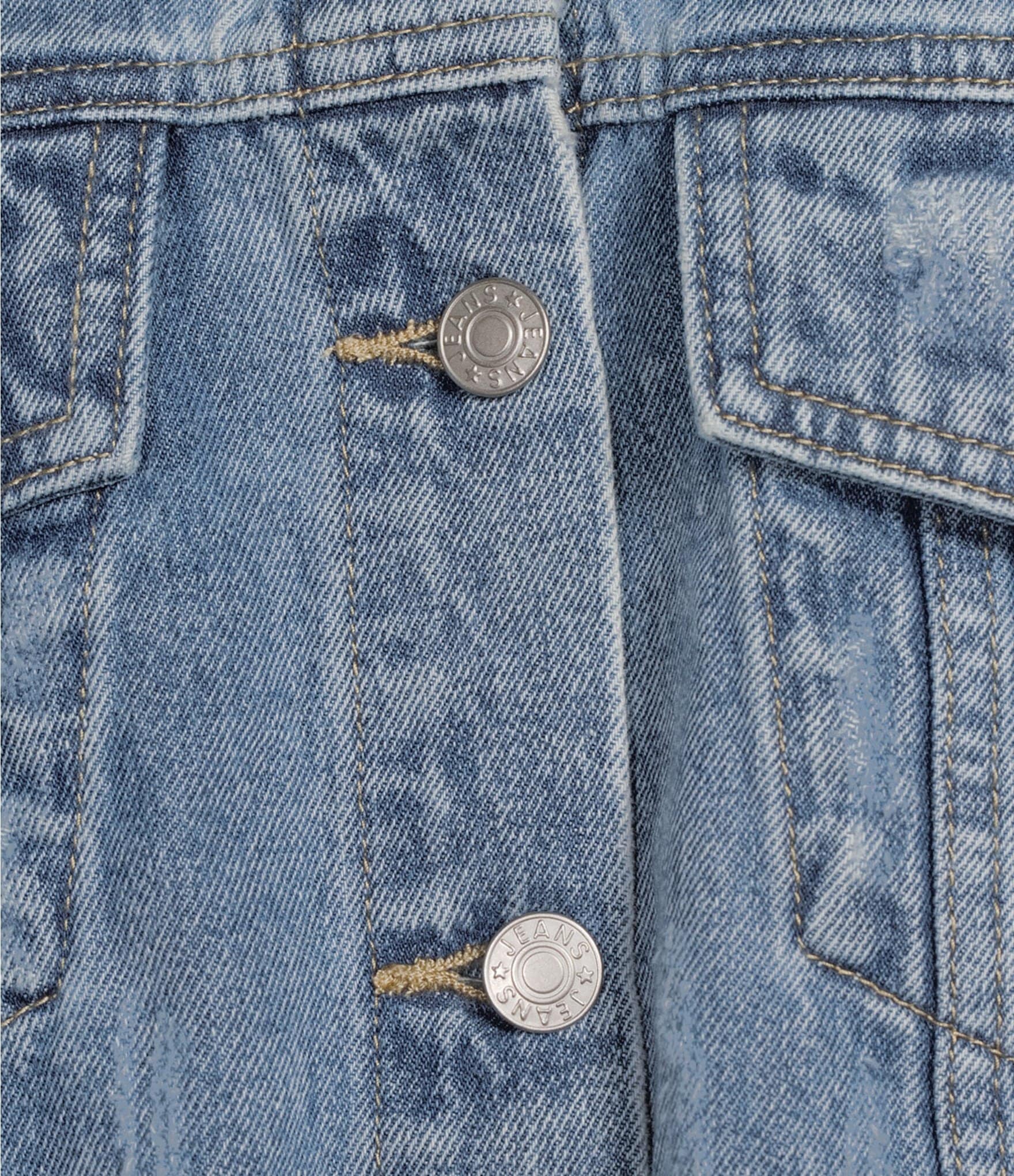 Signature 8 Rhinestone Beaded Cropped Long Sleeve Distressed Denim Jacket