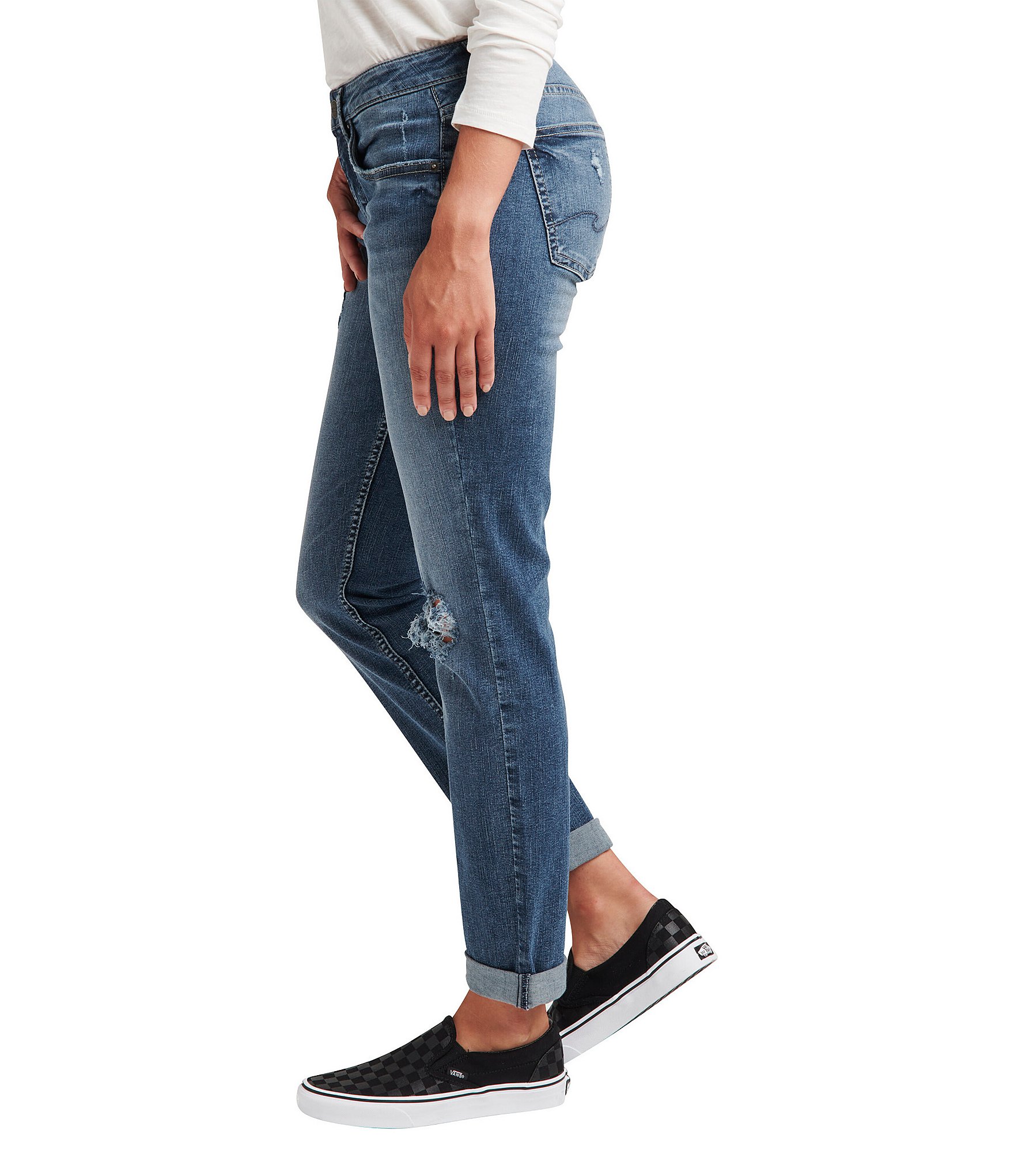 Silver Jeans Co. Mid Rise Destructed Curvy Boy Straight Leg Jeans