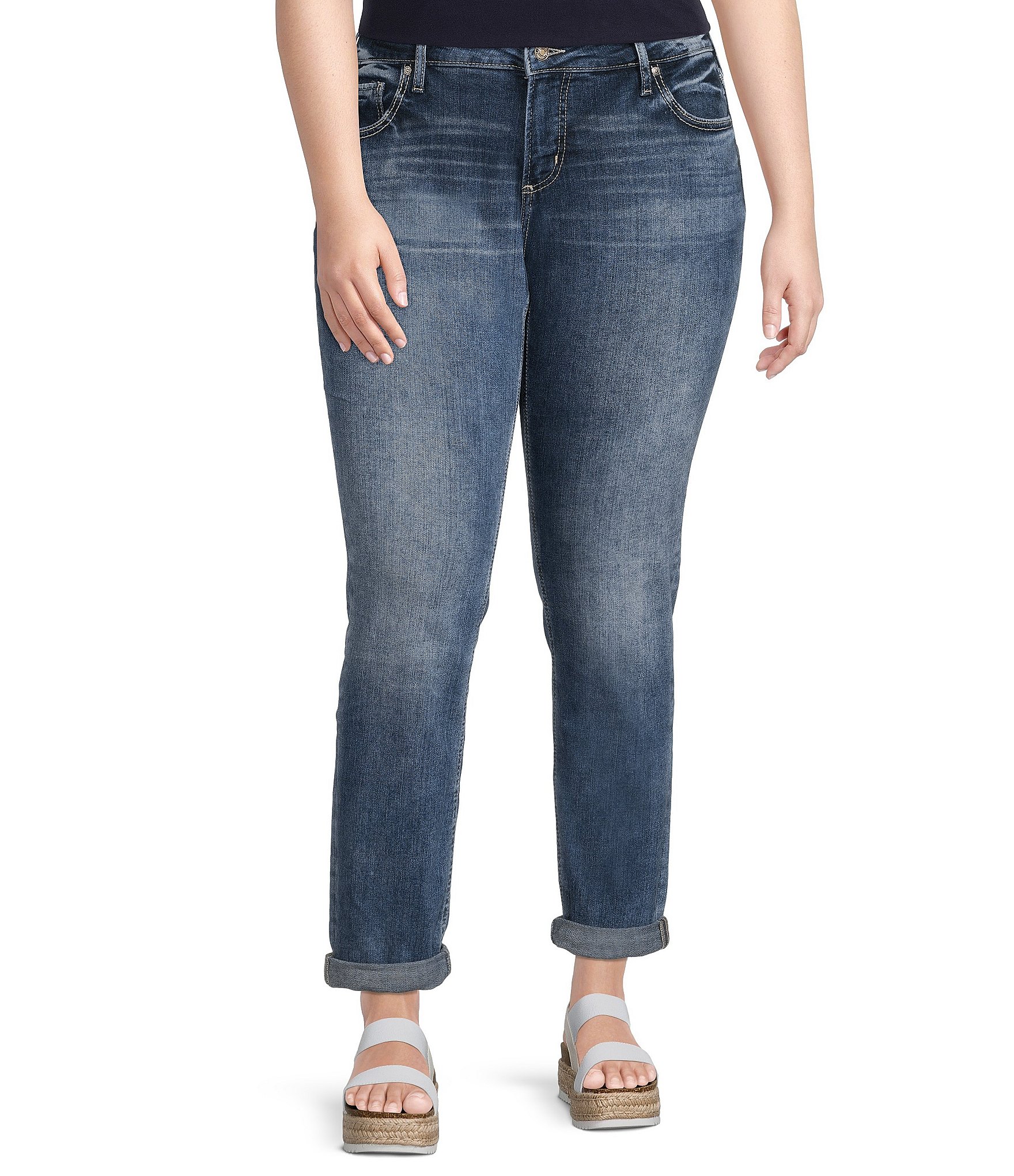 Silver Jeans Co. Women's Girlfriend Mid Rise Skinny Jeans, Waist