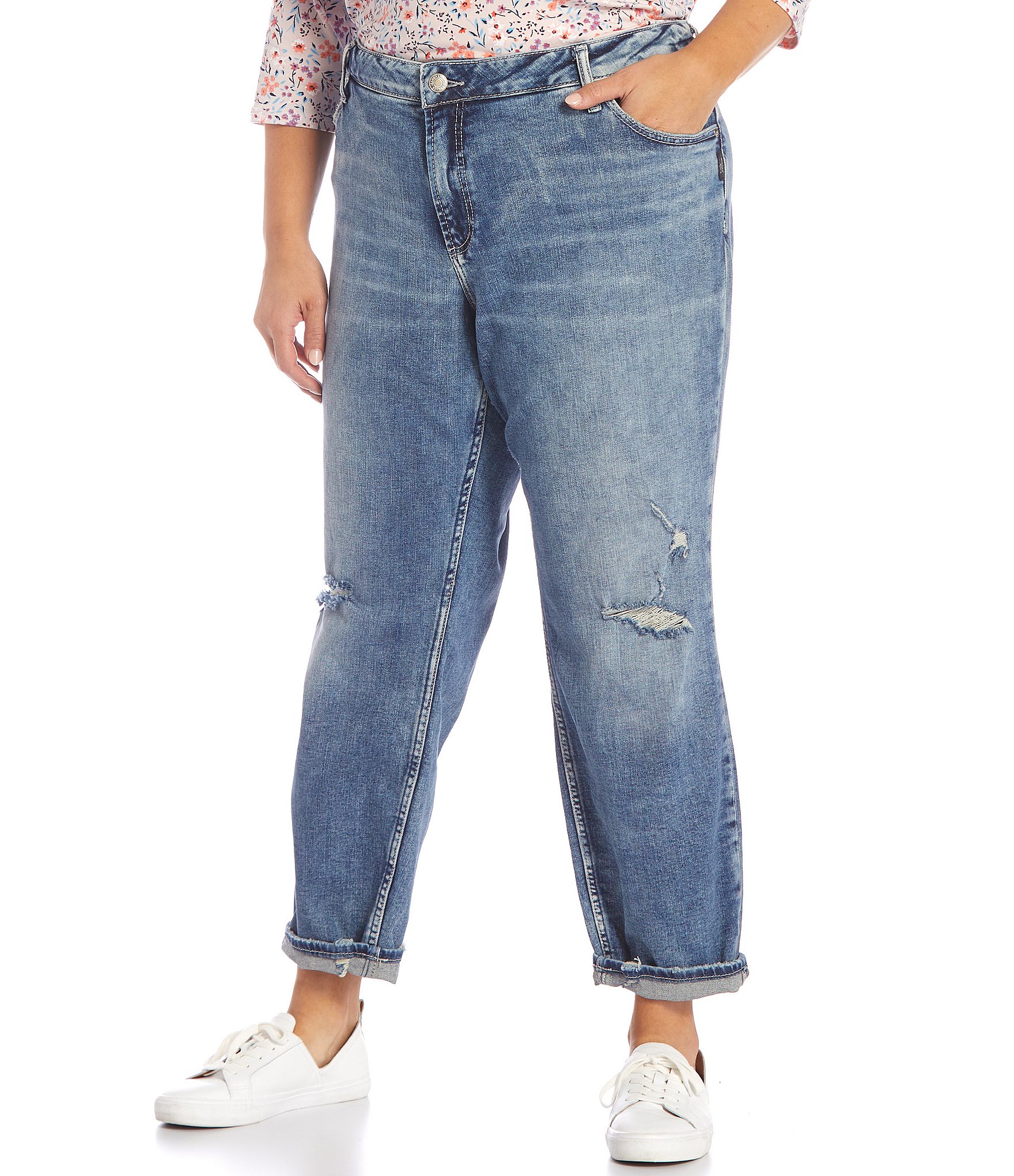 Silver Jeans Co. Plus Size Mid Rise Distressed Cuffed Boyfriend Jeans ...